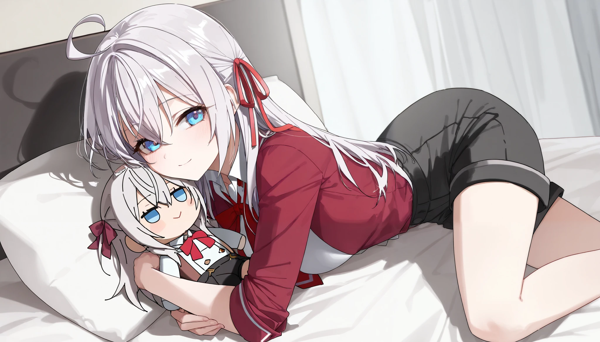 Alisa Mikhailovna Kujou, a girl with long white hair, blue eyes, ties a red ribbon, wears a red short-sleeved shirt, wears black shorts, sleeps, hugs a doll in bed(precise, High Detail)