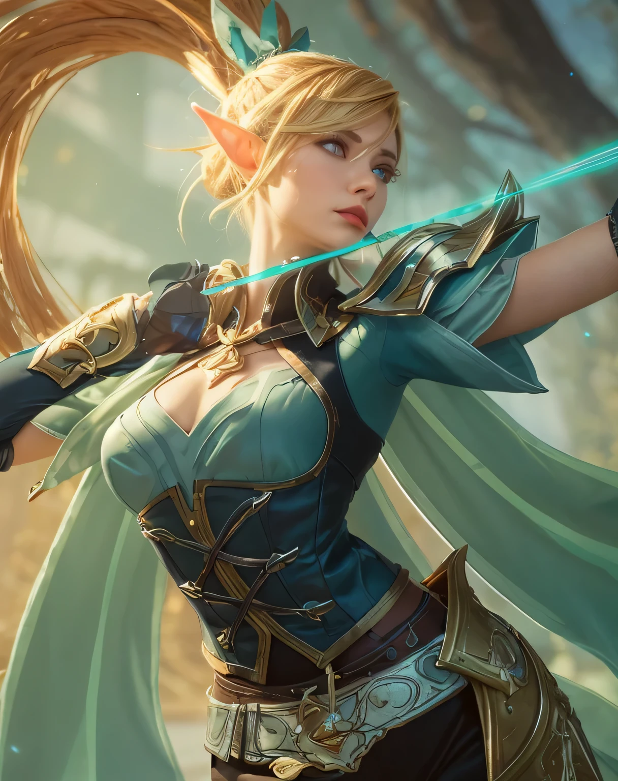 (female:1.2), 8k, ultra hd, ultra detailed texture, hyper realistic, masterpiece, detailed texture, detailed face, detailed skin, detailed lighting, (photorealistic:1.5), best quality, beautiful lighting, cinematic lighting, professional lighting, ultra highres, realistic, detailed hair, real hair, high quality, (realskin:1.5), extremely detailed, finely detail, ultra-detailed, 1girl, solo, elf, pointy ears, standing, demon horns, forehead protector, (red eyes:1.5), v-shapped eyebrow, lips, red lips, evil smile, nose, make up, pretty, beautiful, cute face, long hair, blue hair, high ponytail, large breasts, cleavage, armpit, navel, stomach, black armor, pauldrons, bare shoulders, shoulder armor, thigh high, sleevless, detached sleeves, breastplate, gauntlets, karina \(mobile legends\), depth of field, looking aways, white skin, skin tight, amazing pose, outdoors, glowing, dark view, elf ear