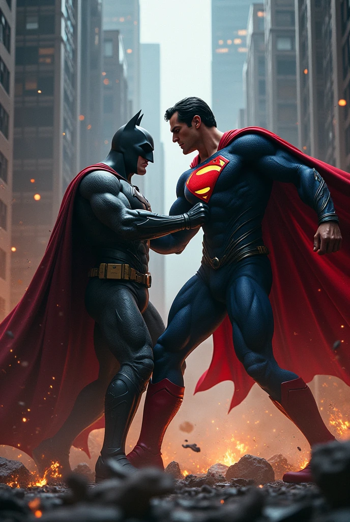 a dynamic and vibrant image depicting an epic battle between Batman and Superman. In the center of the scene, Batman, with his dark and detailed outfit, is in an aggressive fighting pose, using your fighting skills and gadgets. Superman, with his iconic blue and red costume, is in the middle of a powerful flight, with his muscles tensed and eyes glowing with his heat vision. The scene must be set in a destroyed urban setting, with ruined buildings and debris in the background, illuminated by lightning and thunderbolts. The mood should be dramatic, with dark clouds and a tense tone in the air. Lighting should highlight the intensity of the fight, with strong shadows and contrasts to accentuate the action and emotion of the confrontation.