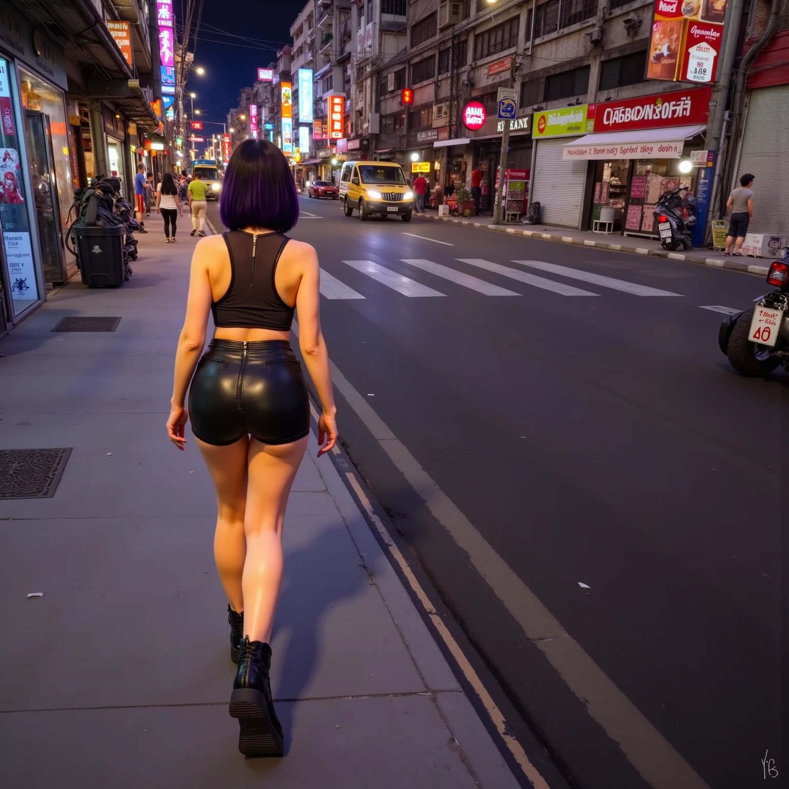 Beautiful buttocks young woman in stocking thong and black pointed stiletto heels walking on the streets of China in the 80s, showing her ass to the camera --auto --s2