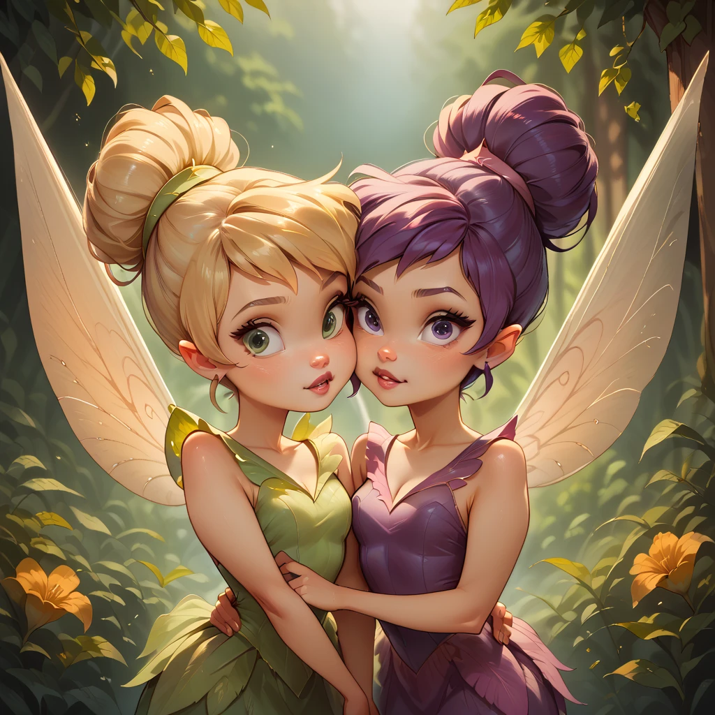 ((2girls,))(Vidia) and (Tinkerbell) 2 fairys with wings, Vidia with purple hair and Tinkerbell with blonde hair,