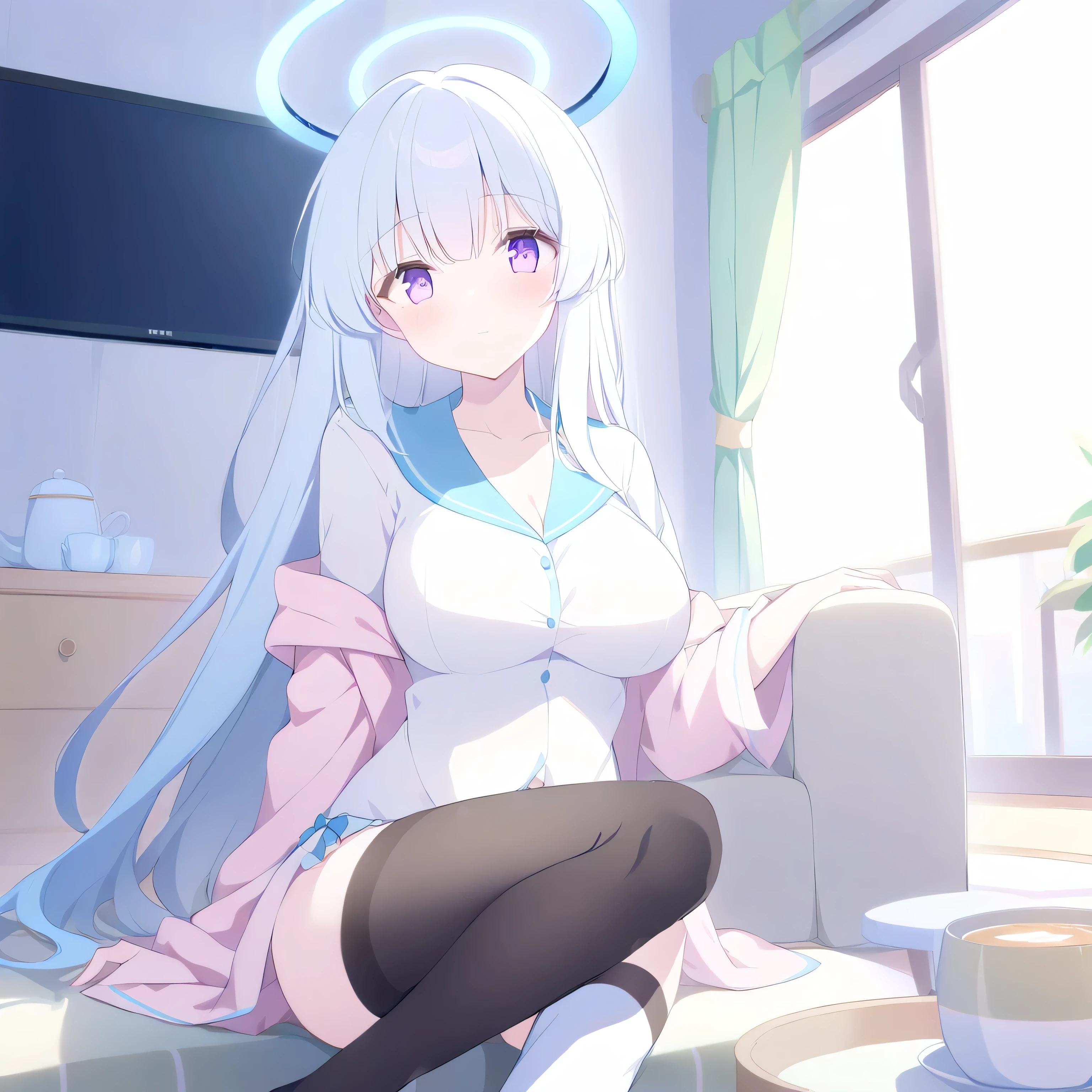 Only one girl ,White hair, long hair, ( purple eyes:1.5), ( Big breasts :1.2),
white socks,stocking,Long socks ,Show your knees, white panties ,underwear, black pantyhose,belly button,The skin on the legs reveals ,Those who only wear pajamas,rest, Seto Fuku,Low-cut,While looking at the audience,lie, lie着,living room,sofa,television,coffee table,table,lie在sofa上,Halo on the head,
( masterpiece:1.2), Best Quality , high res , unity 8k wallpaper , (illustration:0.8), ( beautiful and detailed eyes :1.6), are extremely detailed , perfect lighting , extremely detailed CG , (perfect hands),
