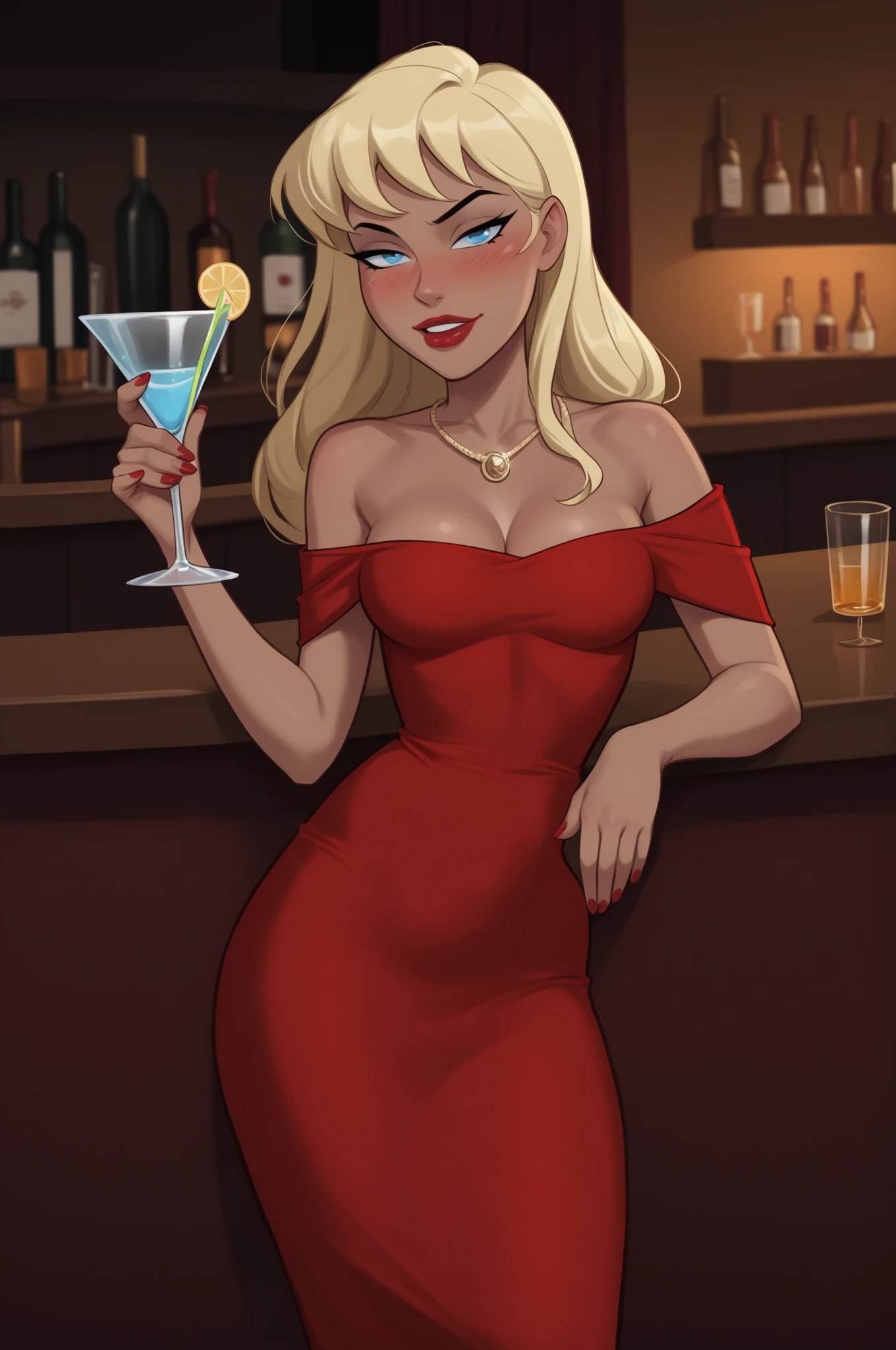 score_9, score_8_up, score_7_up, source_anime, BREAK, (((vigme)))), 1girls, solo, supermodel, blonde hair, makeup, tall, small breasts, perky breasts, smile, long hair, model, tall, lean, upturned eyes, slender, lanky, earrings, necklace, dress, sitting, crossed legs, long legs, heels, straight hair, red dress, milf, lipstick, eyeshadow, holding a wine glass