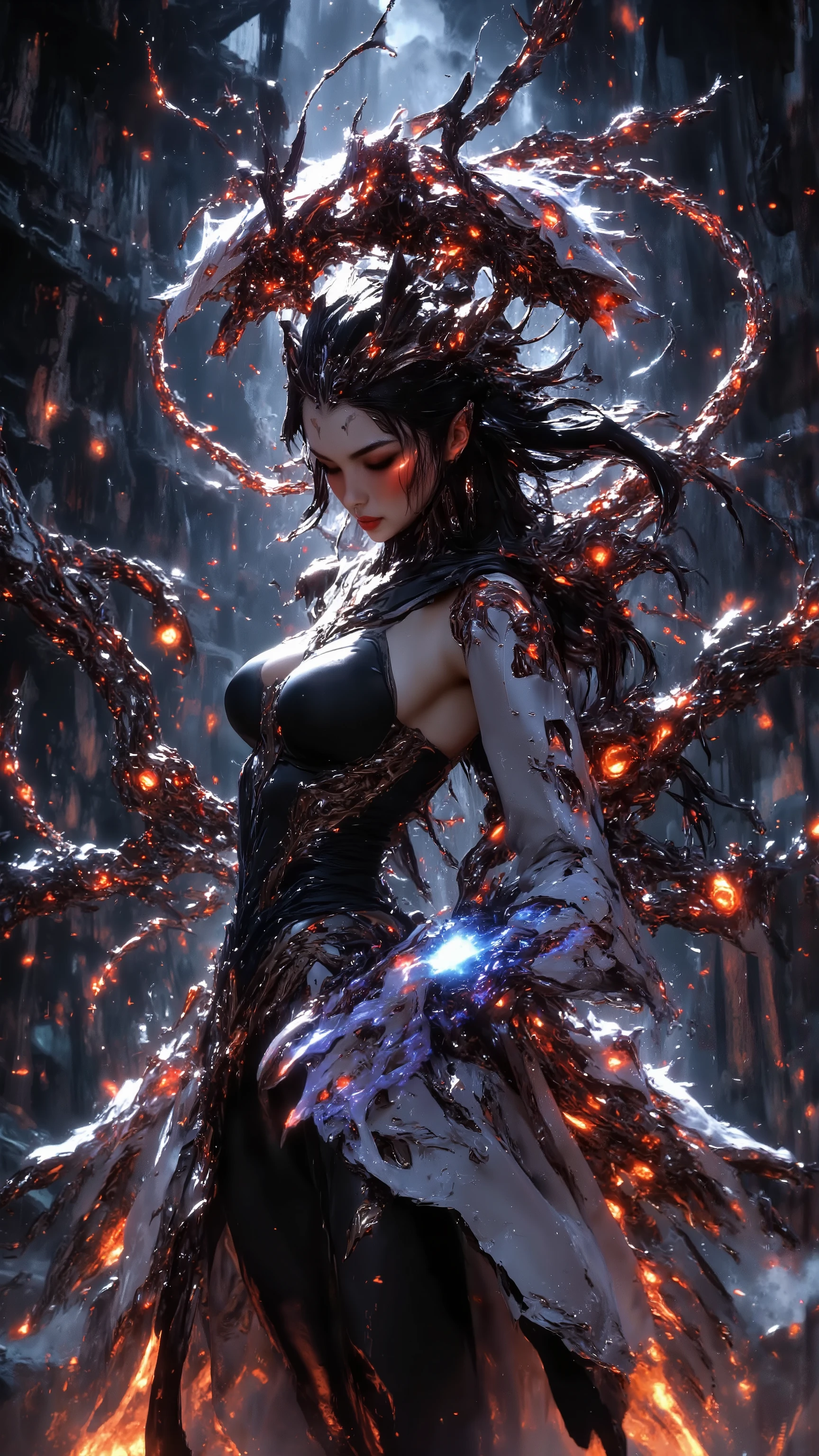 gorgeous female elf warlock in action pose, fire black spells, cute face, long elf ears, lava molten desolated rocky background, red fire dress, modest clothing