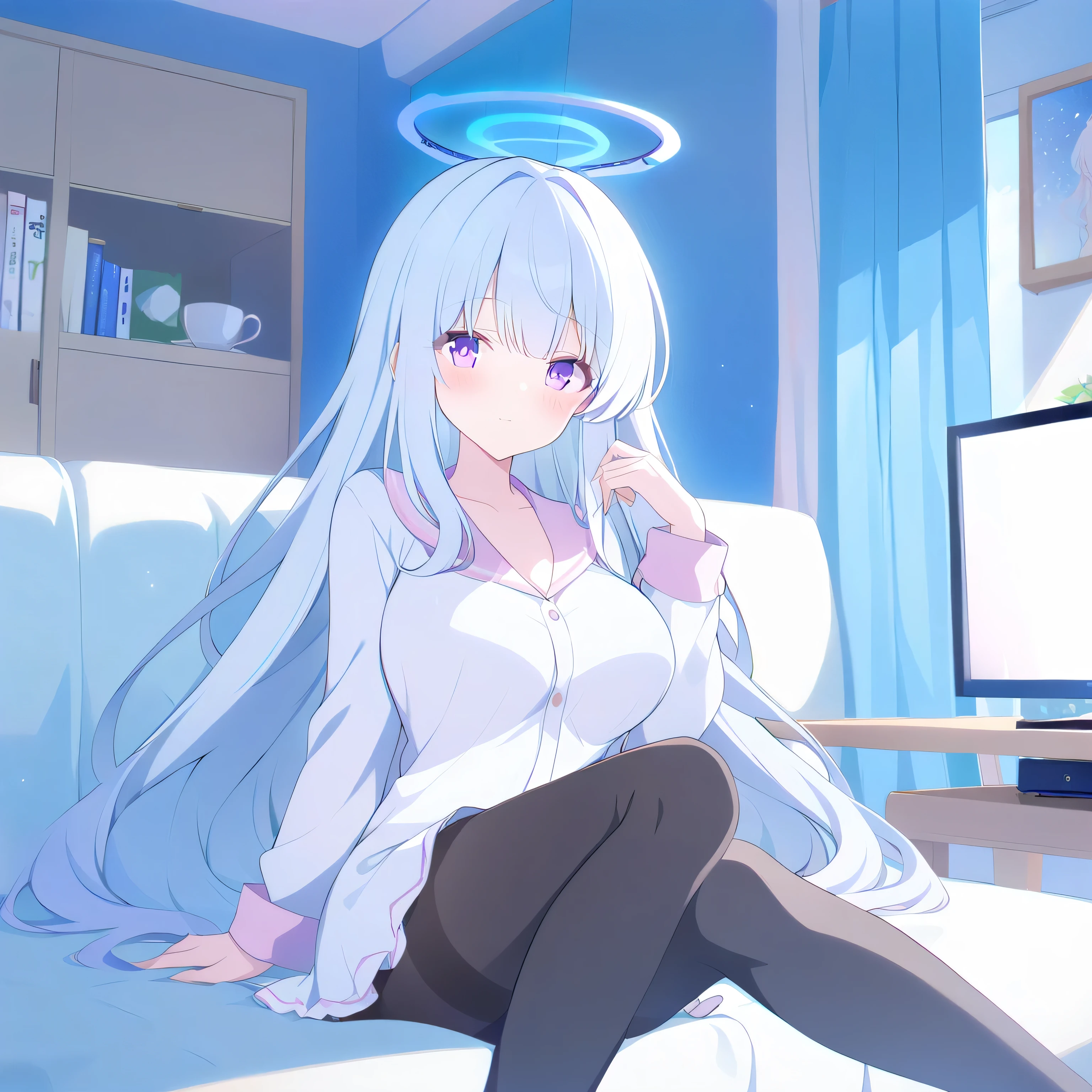 Only one girl ,White hair, long hair, ( purple eyes:1.5), ( Big breasts :1.2),
white socks,stocking,Long socks ,Show your knees, white panties ,underwear, black pantyhose,belly button,The skin on the legs reveals ,Those who only wear pajamas,rest, Seto Fuku,Low-cut,While looking at the audience,lie, lie着,living room,sofa,television,coffee table,table,lie在sofa上,Halo on the head,
( masterpiece:1.2), Best Quality , high res , unity 8k wallpaper , (illustration:0.8), ( beautiful and detailed eyes :1.6), are extremely detailed , perfect lighting , extremely detailed CG , (perfect hands),