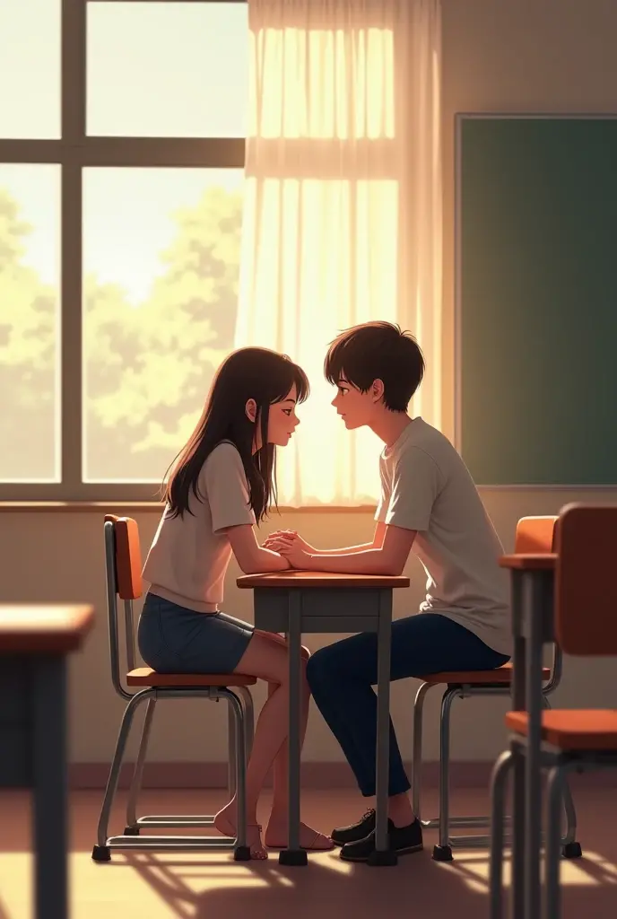 A girl in the class bench and a boy in opposite beside in a class sitting in the bench lightly Balck boy