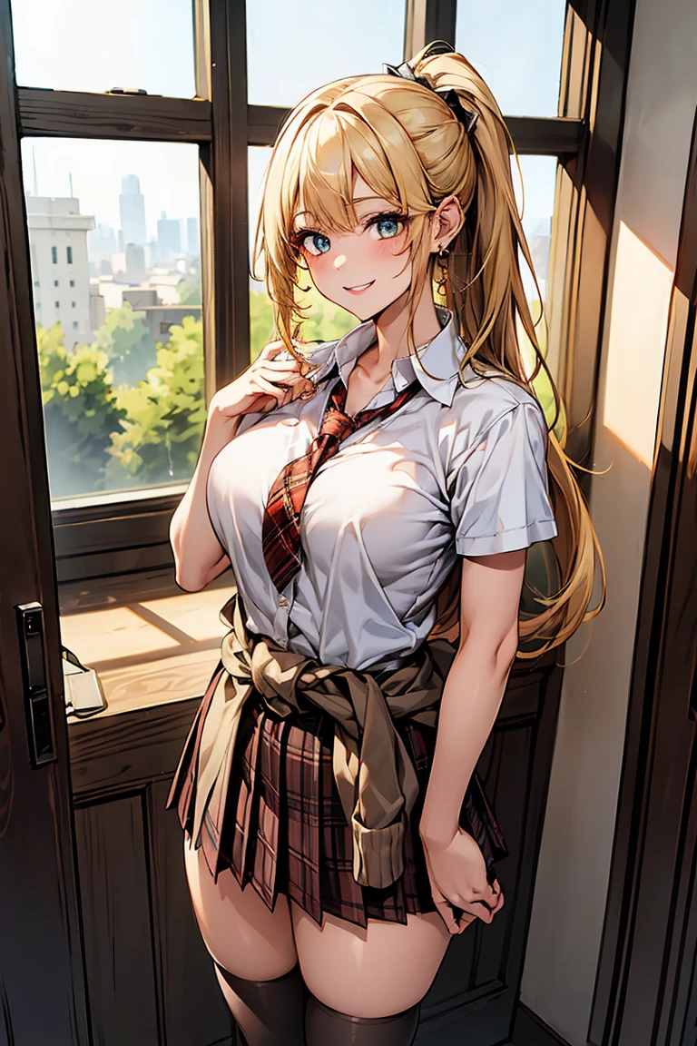 individual,High School Students,Wearing a JK with the buttons unbuttoned,Black miniskirt,Yellow hair,Eye,blush,White bra,whole body