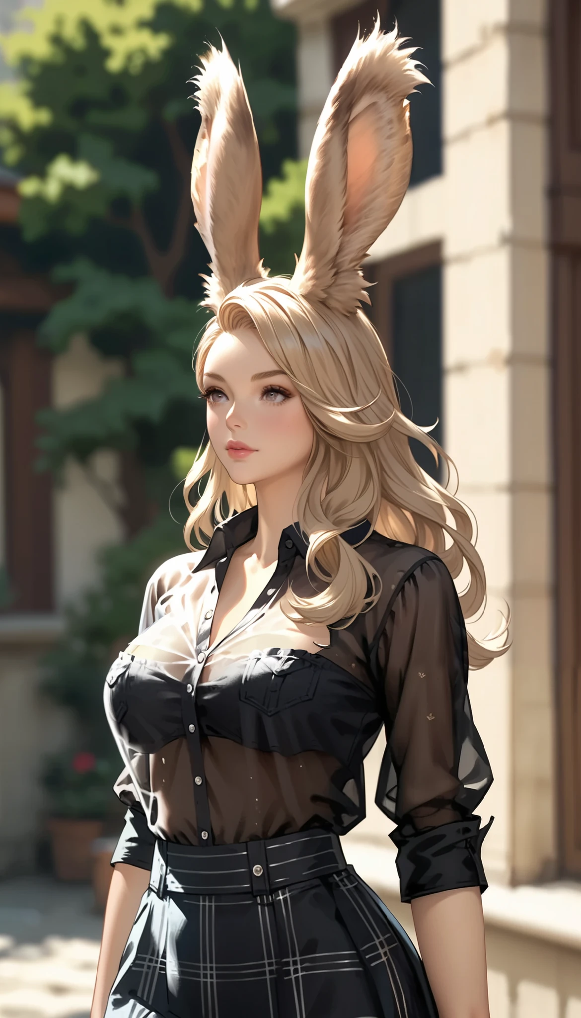 masterpiece, graceful mature woman facing me, viera, ( Granblue Fantasy), slim, upper body, standing on a long-sleeved shirt , see-through black shirt , Transparent shirt, Transparent skirt, transparent breasts, take off the blouse , areola slip , More details, high resolution, is ridiculous , Home, semi-realistic , full body shot