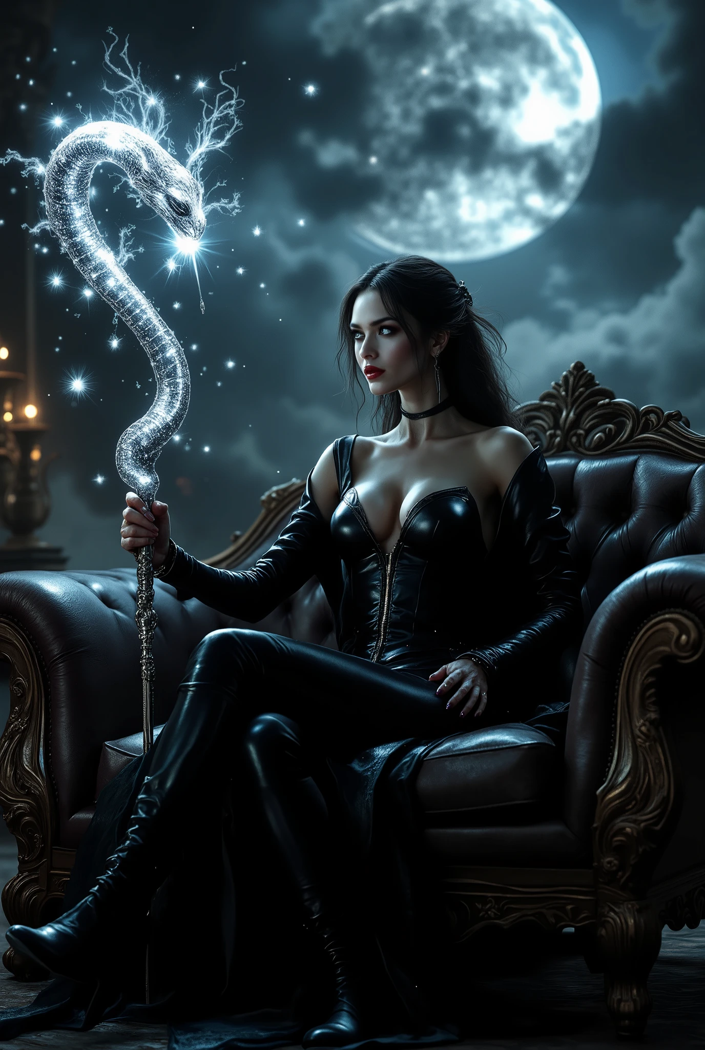 fantasy style, a magic cane in the shape of a snake of a very beautiful shape with patterns, keeps a magician girl in a leather outfit sitting on the sofa , very sexy and charming , in the marvelous moonlight , magic, the flickering of silver pollen , masterpiece, 8 k, Best quality , complicated details, The maximum amount of details , excellent image, wallpaper, Epic,