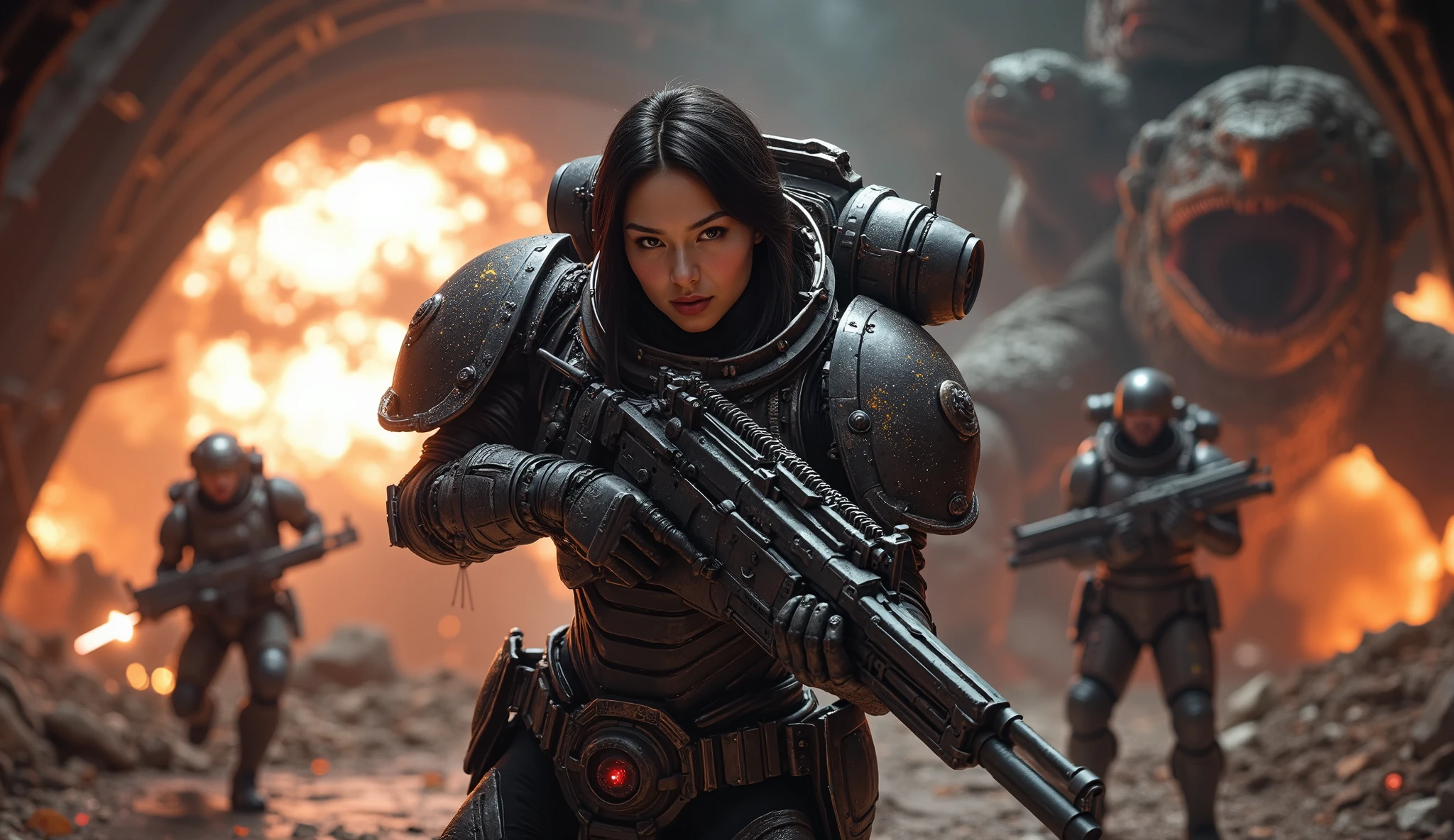8k, UHD, Realistic, full body, Beautiful, captivating, female space marine from 20 and Back project, facial mixed of Kim Ji-won, highly detailed face, fiery and weary looked yet captivating, deep cleavage, depending the Kuiper Belt from Draconian, heavily armed, wearing heavily armored suit, helmet, displaying her advanced laser weapons, based on Planet X, fighting reptilian armies, shooting form, battle form, show face, inside a ruined battle spaceship, firing her weapon, explosion nearby,