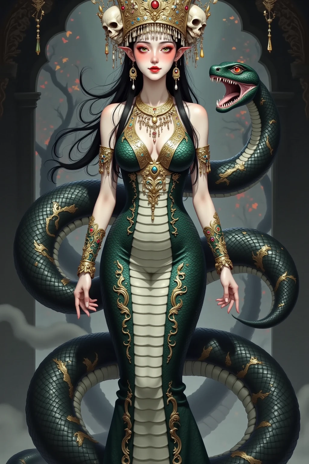 (best quality,4k,8k,highres,masterpiece:1.2),ultra-detailed,(realistic,photorealistic,photo-realistic:1.37),snake woman hybrid,beautiful detailed eyes,beautiful detailed lips,extremely detailed eyes and face,long eyelashes,scales covering the body,slithering movement,serpentine lower body,elegant and graceful posture,mesmerizing gaze,curved fangs,exotic and mesmerizing beauty,dark and mysterious aura,mythical creature,creature of legends,ethereal and otherworldly,iridescent scales,cold-blooded charm,shimmering patterns,alluring skin texture,enchanted forest background,serpent-like hair,seamless integration of woman and snake,secrets of the serpent world,elusive and enigmatic,serpent's hypnotic dance,charmingly dangerous,duality of femininity and serpentine power,wisdom and temptation,beautifully venomous,exotic flora and fauna intertwined,undulating motion,dynamic composition,artistically surreal,unleashing hidden powers,transformation and metamorphosis,unconventional beauty,unique and captivating,meticulously crafted masterpiece,awe-inspiring presence,vivid colors,soft and diffused lighting,impeccable attention to detail,half the girl's body from head to navel and half the snake's body from the hips down