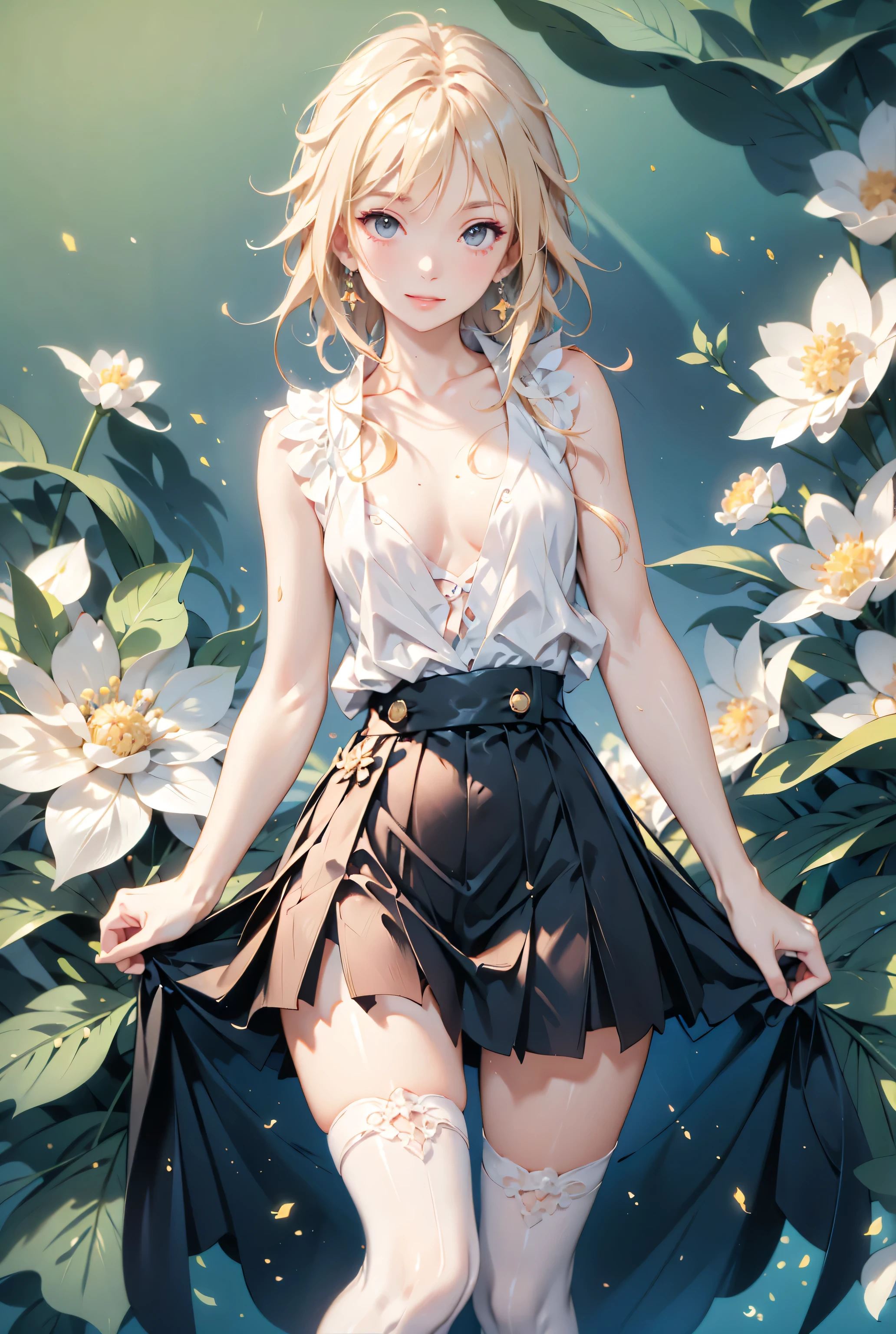 (small breasts:1.2), (perky chest:1.2), (pointed chest:1.2), (Pudding cake magazine cover:1.3),(from above:1.0),(shoot from the side:1.1),masterpiece, 1girl, Amazing Cleavage:1.1, thin waist, optimum,tmasterpiece,hight resolution,best qualtiy,hyper HD,super detailing,awardwinning,a 18yo cute girl,(The upper part of the body),anatomy correct,Beautiful Black miniskirt,garters,Gaze,Small face,bangss,holster,Beautuful Women,hands up,leg holster,Gaze,black boots,Cowboy Shot,cute face,a blond,Longhaire,Twin-tailed,Braids, Hairline,(scarlet eyes),long eyelasher,Hanging eye corners,White skin of the, ((see through camisole:1.1)), ((Sheer nipples:1.0)),Rocket Tits,(Slim body),smile,seductive weak smiling,(with sparkling eyes and a contagious smile),little open mouth, Looking at Viewer,