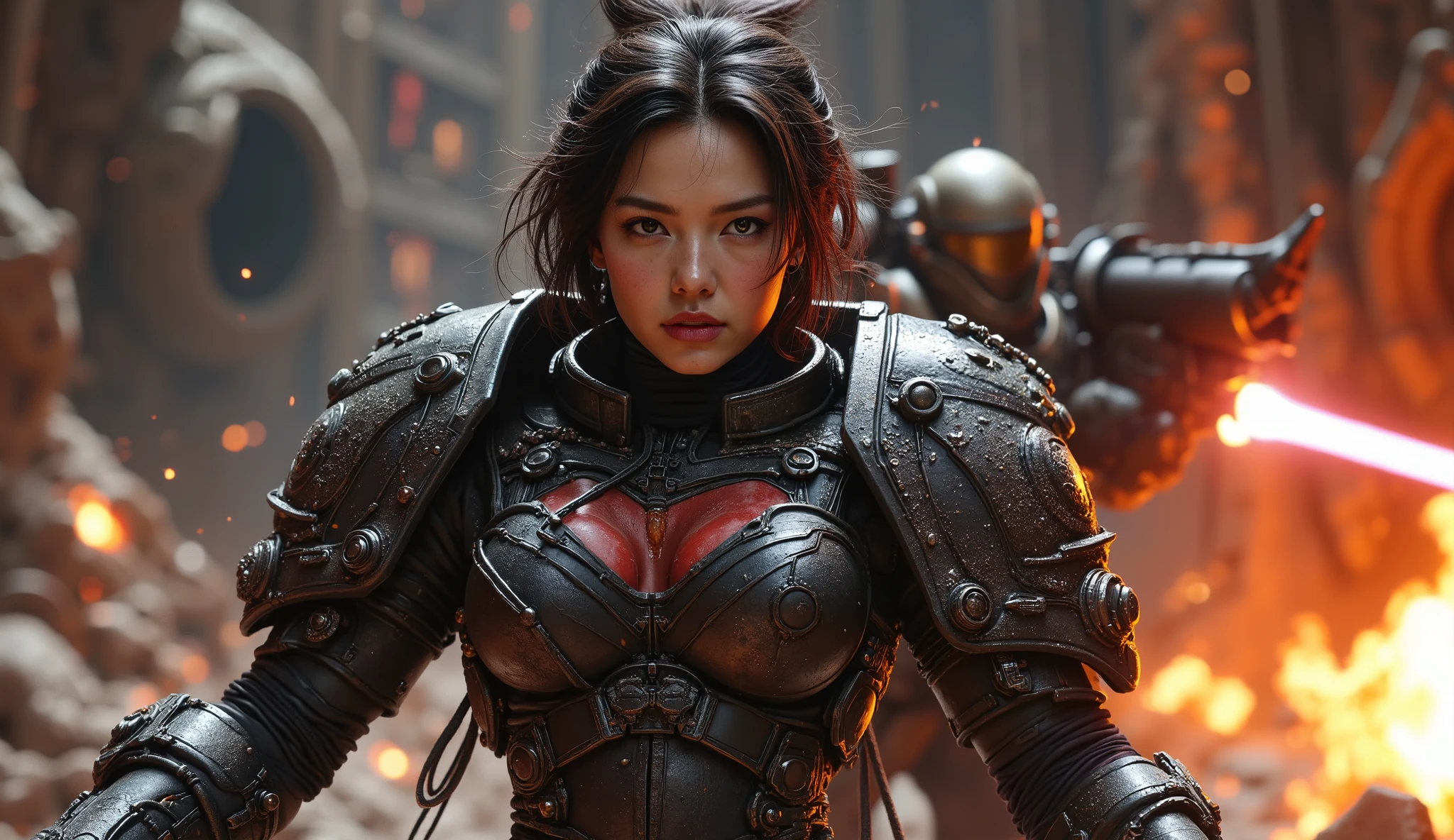 8k, UHD, Realistic, full body, Beautiful, captivating, female space marine from 20 and Back project, facial mixed of Kim Ji-won, highly detailed face, fiery and weary looked yet captivating, deep cleavage, depending the Kuiper Belt from Draconian, heavily armed, wearing heavily armored suit, helmet, displaying her advanced laser weapons, based on Planet X, fighting reptilian armies, shooting form, battle form, show face, inside a ruined battle spaceship, firing her weapon, explosion nearby,