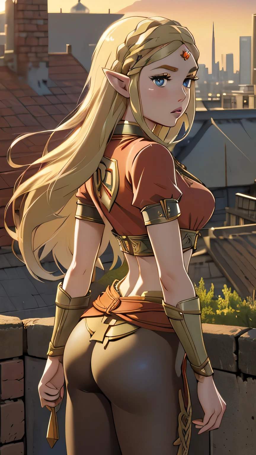 CARTOON_Cheetara_Thundercats2011_ownwaifu view from behind, camera looking from below pointing at her buttocks, cabellera larga con manchas oscuras, bikini, looking to the camera