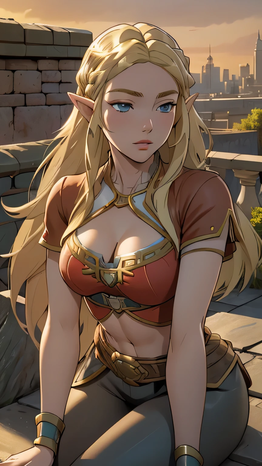 ((masterpiece, best quality)), there is a blonde woman standing in front of a wall, (elven ears), female elf, portrait of female elf, stunning character art, character art, of a beautiful female elf, athletic body, muscular:1.3, Well trained, abs, epic exquisite character art, character art portrait, rossdraws 1. 0, high quality digital concept art, beautiful female warrior