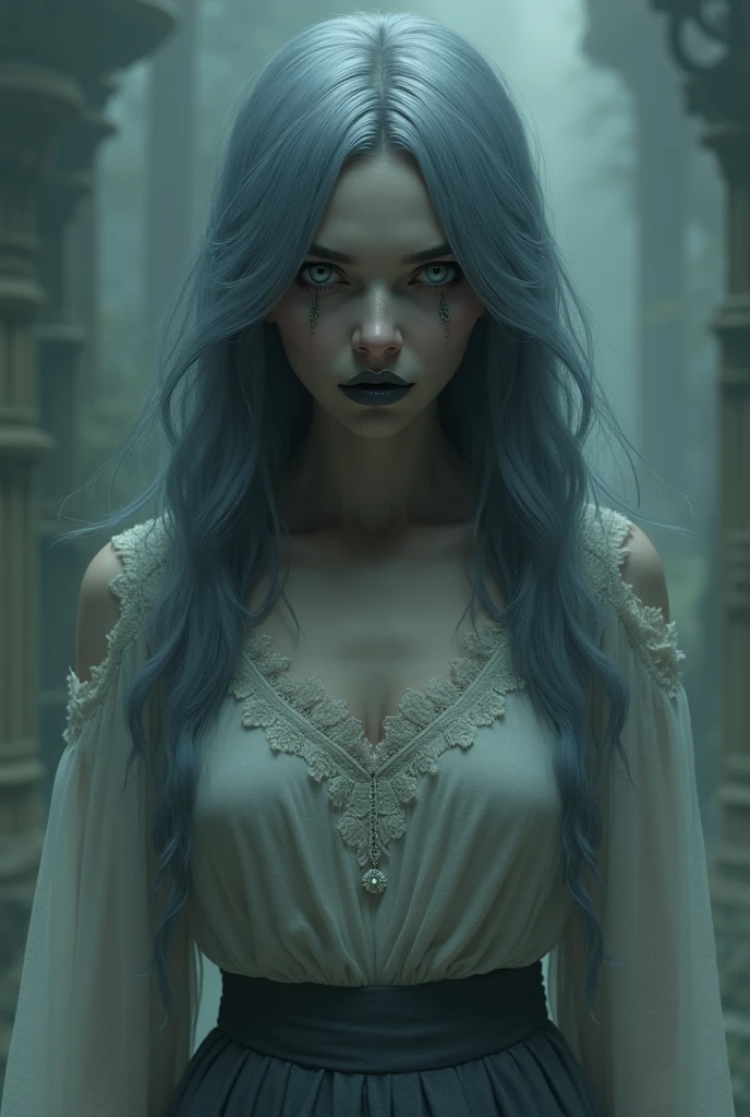 Woman with the appearance of neither old nor new, creepy gray hair ,gray round skirt ,lace blouse, gray lipstick ,black skin color, white eyesLong hair, blue hair,
