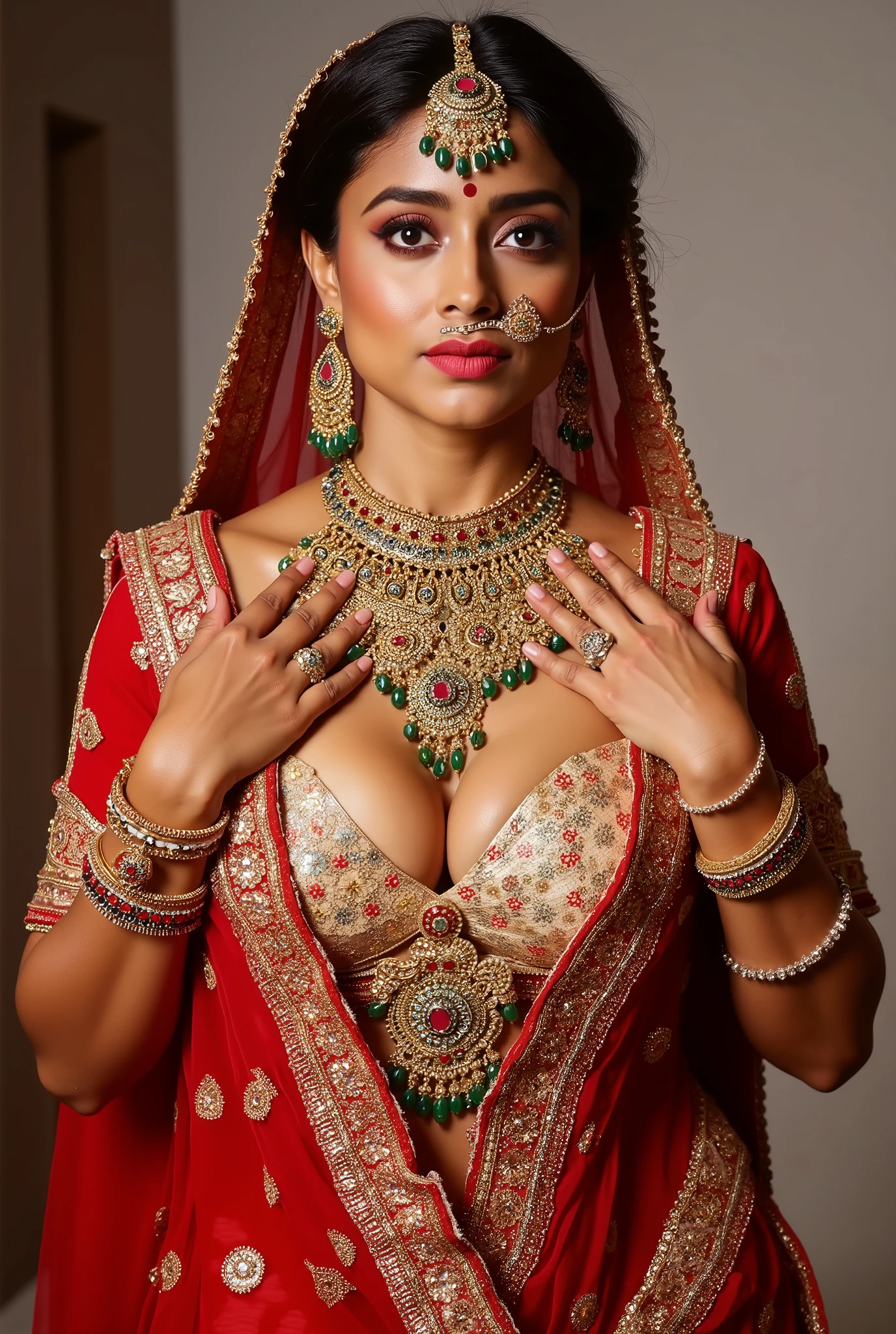 (((shriya saran))), hindu woman, massive boobs, revealedcleavage, indian gold jewelry, boobs hanging out, boob show, shriya saran, indian sexy milf, sexy woman, 40 years old, tight skin, mature, (((dressed up in traditional indian revealing bridal cloths))), powerful woman, slutty woman, street , portrait, boobs protruding out, pressing her own boobs
