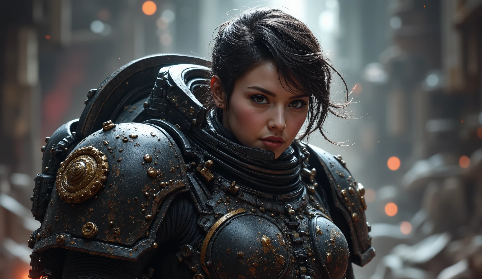 8k, UHD, Realistic, full body, Beautiful, captivating, female space marine from 20 and Back project, facial mixed of Kim Ji-won, deep cleavage, depending the Kuiper Belt from Draconian, heavily armed, wearing heavily armored suit, displaying her advanced weapons, based on Planet X, fighting reptilian armies, shooting form, battle form, show face, inside a ruined battle spaceship