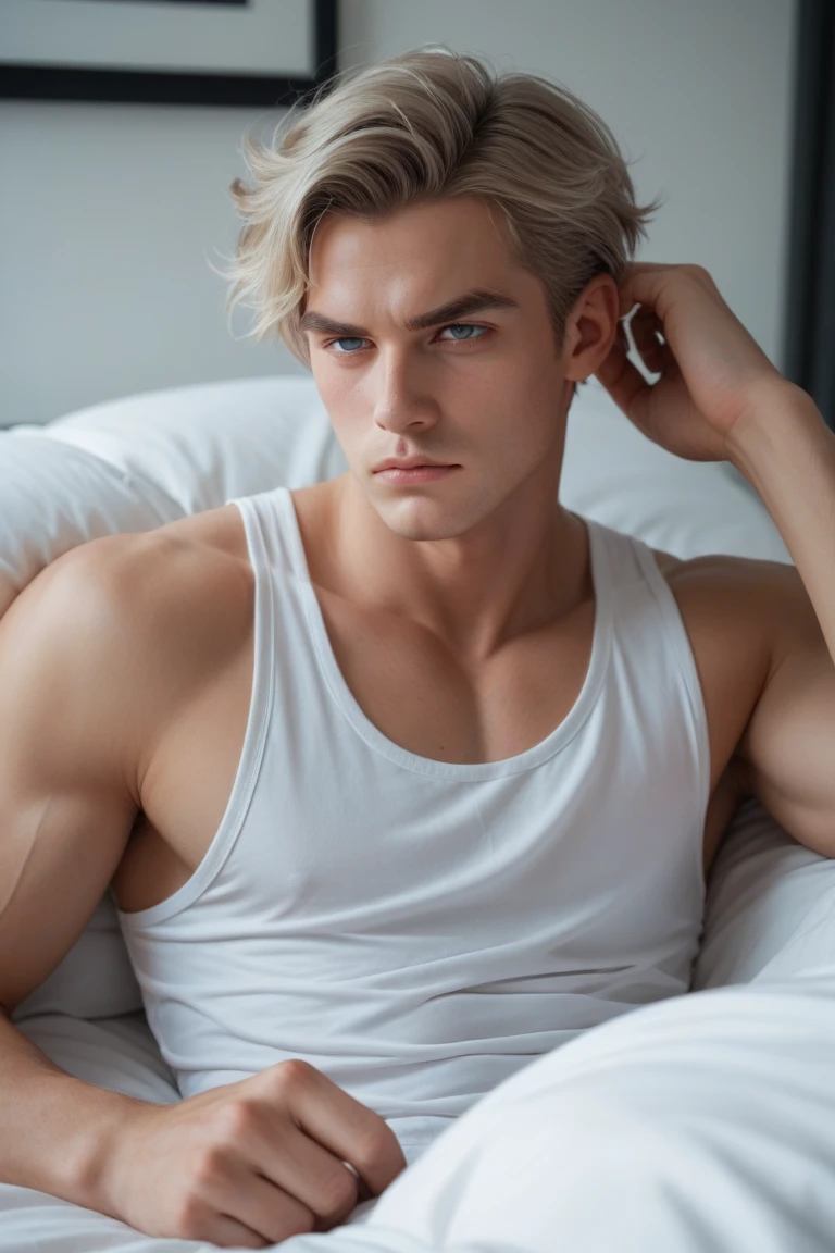 20-year-old male with white hair, two block haircut , dressed in a plain white tank top, lying on a bed, pensive expression