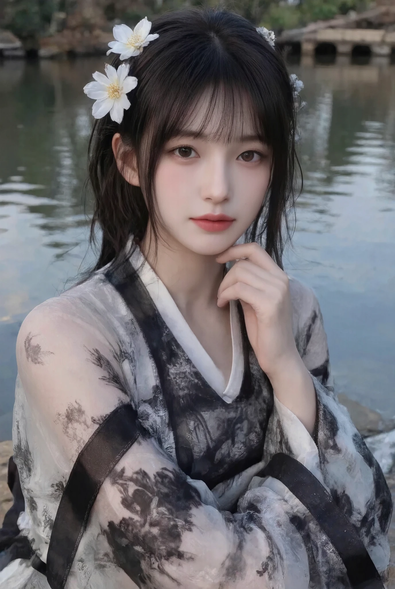 on dark background 、High-quality photography、 wet texture、frost、 studio photography 、engraving、Shallow depth of field、Vignette、 super detailed、High Budget、Bokeh、Wide cinema 、epic、Colorful、 film grain ,Model with slightly curly black hair wears black and white translucent ancient Hanfu,Sitting by the lake,The model's skin is delicate and shiny,Have a pair of E-cup breasts, left hair with a white flower headdress,Side to side and look at the camera ,nipple,Hips