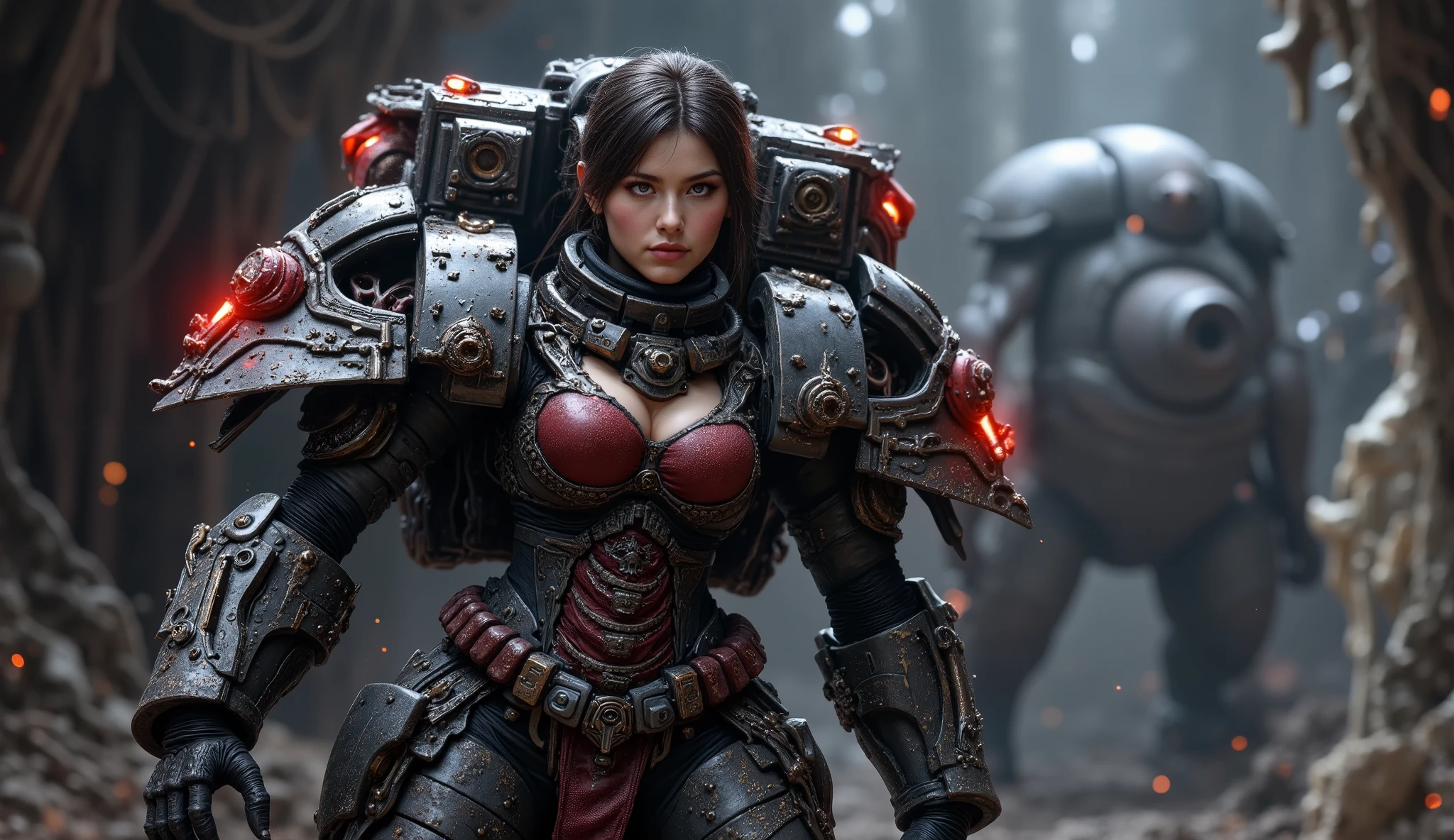 8k, UHD, Realistic, full body, Beautiful, captivating, female space marine from 20 and Back project, facial mixed of Kim Ji-won, deep cleavage, depending the Kuiper Belt from Draconian, heavily armed, wearing heavily armored suit, displaying her advanced weapons, based on Planet X, fighting reptilian armies, shooting form, battle form, show face, inside a ruined battle spaceship