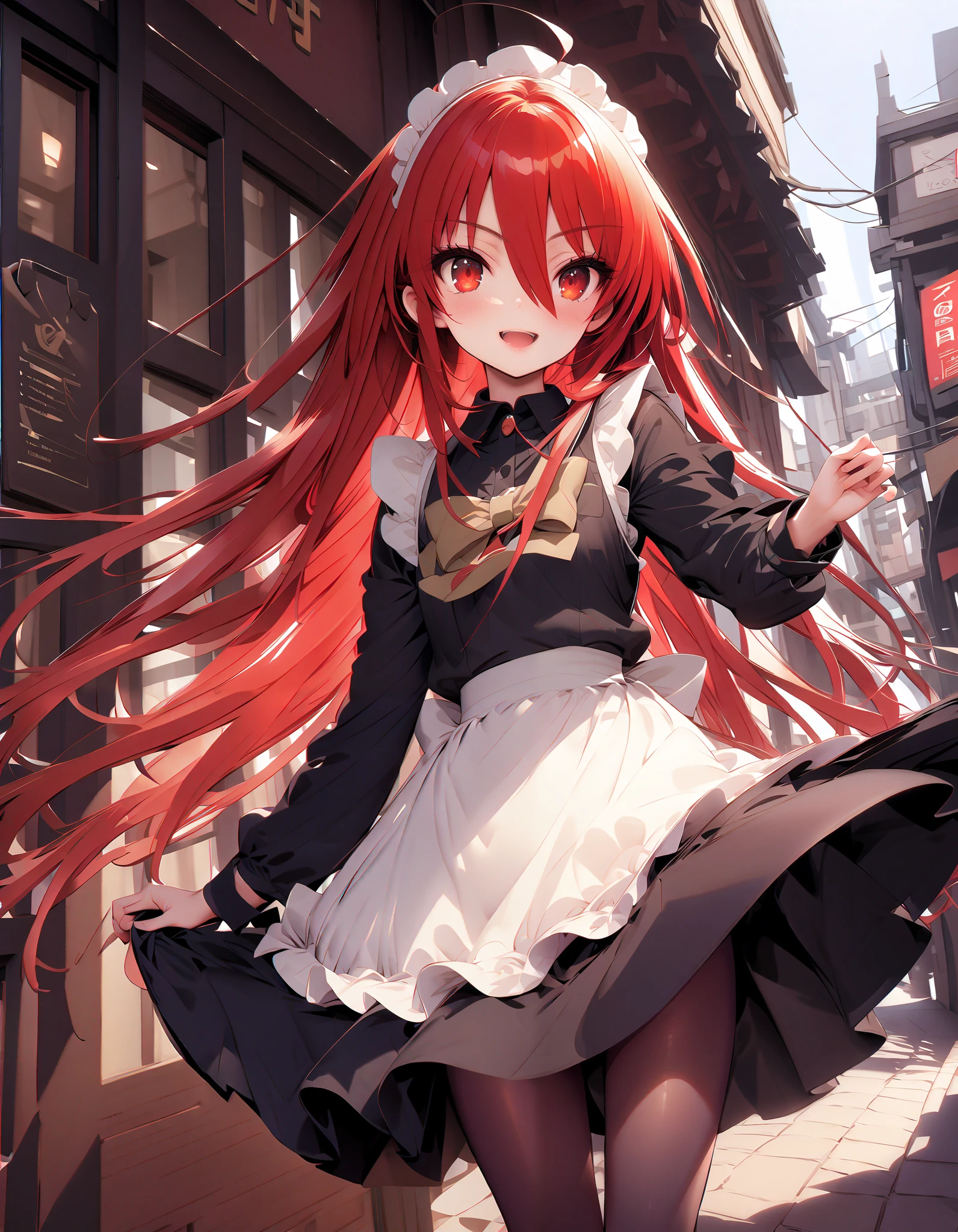 shana ,Alone, long hair, Red Hair, red eyes, stupid hair,smile,blush, open their mouths,Maid服,rib tights , black pantyhose , pin heels,black色ロングスカート,Maid head dress , Maid apron, Maid Dress,Maid, Maid outfit,black_ dress ,Holding a stack of papers in both arms,Handing out flyers, is standing,Paper is being blown away by the wind , sign,whole bodyがイラストに入るように,break looking at viewer,whole body,
break outdoors,Coffee shop entrance , building,
break (masterpiece:1.2), best quality, high resolution, Unity 8K Wallpaper, (figure:0.8), ( precise and beautiful eyes:1.6), Highly Detailed Face , perfect lighting, very precise CG, ( perfect hand, perfect anatomy),