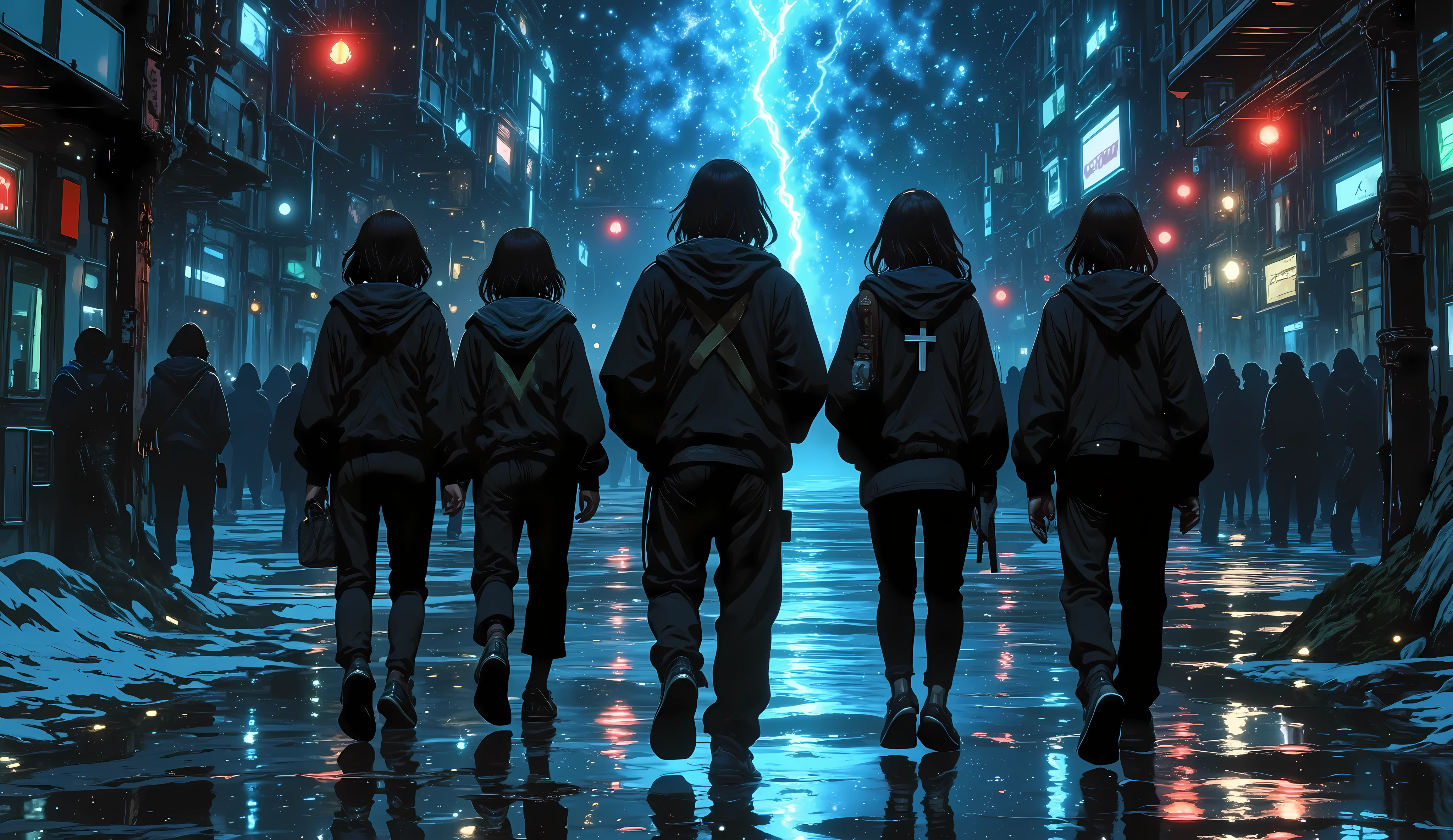(( RAW photo), absurdo, ( absurd resolution)), masterpiece, envelopes , ( Extremely detailed 8k unit CG wallpaper), ( best illustration), ( Best Tone ), realistic lighting , detailed and beautiful glitter, (( 20 years)), black jacket , with a cross , 4 young people in a rock band, caminando por luces y rayos, cielo estrellado