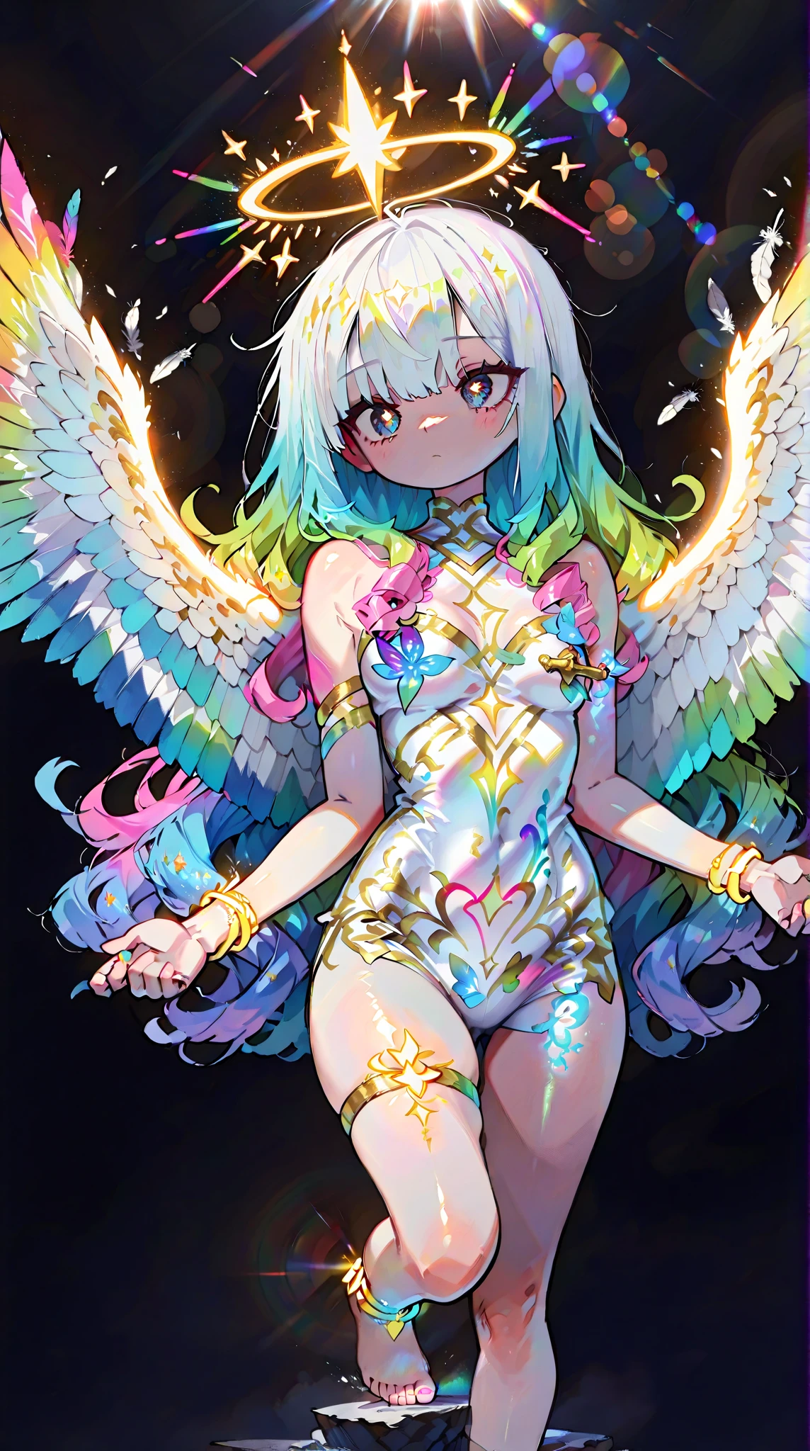 1girl,solo,((visual impact:1.2)),(city:1.5),neon lights,  masterpiece,best quality,(Face focus:1.4),(Dynamic angle:1.5),(full body:1.2),(face to the viewer:1.8),best quality, high resolution, distinct image,hyper-detailed, Cinematic light, intricate_detail, highres, official art, finely detailed beautiful face, high-resolution illustration, 8k, dark intense shadows, overexposure, 1girl, solo,(Master's work),(Detailed eye description),(8K wallpaper), (Detailed face description),autumn,(blurry background),Cloudy day,(angel wings doodle:1.8),(beautiful detailed girl:1.1), (sidelighting:1.1),butterfly,halo,(close-up:0.8),(fisheye:1.2),detailed beautiful eyes, ((multicolored braided bun)),(flat chest:1.8),Natural Volumetric Lighting And Best Shadows, Deep Depth Of Field, Sharp Focus, Soft Delicate Beautiful Attractive Face With Alluring Brown Eyes, Sharp Eyeliner, Expressionless With Closed Mouth, Blush Eyeshadow With Thick Eyelashes, Parted Lips,(tight clothes,white T-shirt:1.5),(Heavy Rainy Day:1.2),(Graffiti Murals Wall Background:1.5),  (Highest Quality, Amazing Details:1.4), Brilliant Colorful Paintings,red eyes, ((white stockings)),wet clothes, silver_footwear,