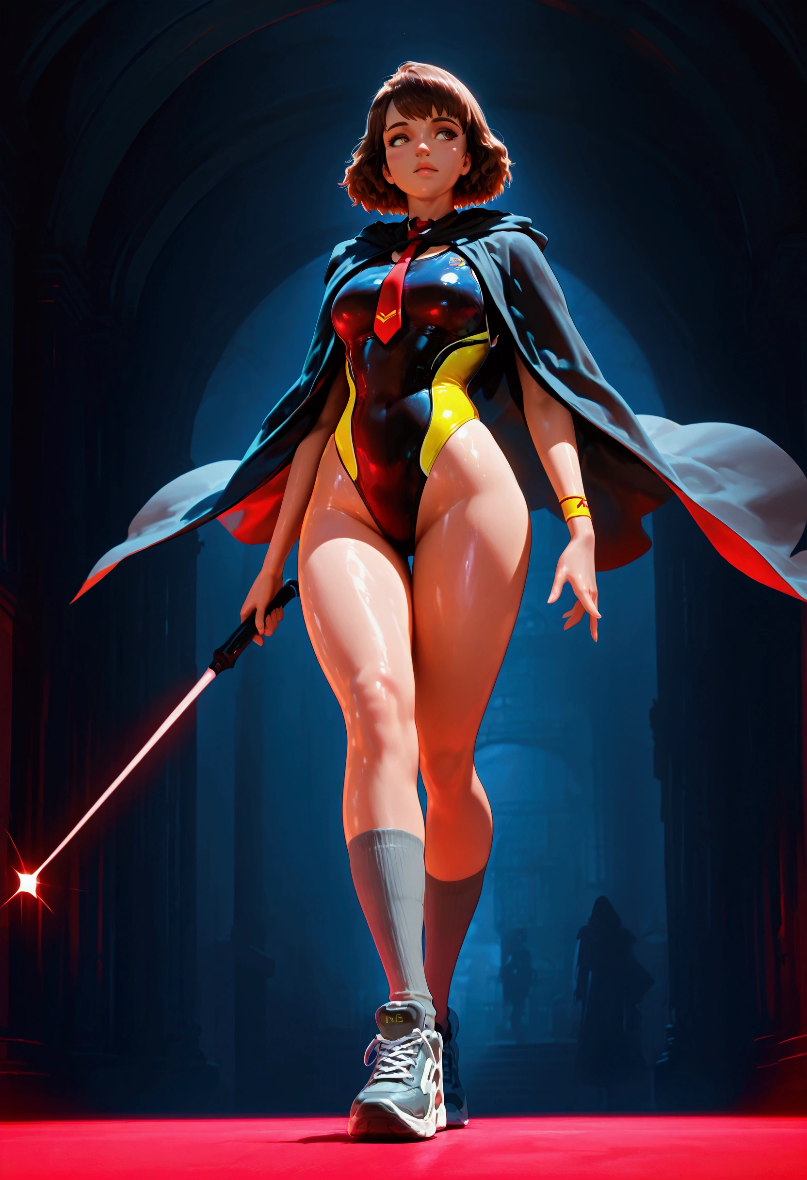 (masterpiece:1.2, highest quality), (realistic, photorealistic:1.4), beautiful illustrations, (natural side lighting, movie lighting), looking away, Upper body, (Front view), 1 girl, perfect face, detailed face, pretty face, symmetrical face, shiny skin, long eyelash, (medium breasts), beautiful hair, beautiful face, detailed and beautiful eyes, beautiful body, beautiful breasts, beautiful thighs, beautiful feet, beautiful fingers, (cool scenery), brown short hair, sporty outfit , cyberpunk black cloak, grey sci-fi competition swimsuit, walking in cyberpunk neon Hogwarts hallway, holding a sci fi wand, black robot cat at her side, red yellow stripe necktie, thighs band, thighs, long leg, medium breasts, grey high socks, cyberpunk dark sneakers with neon linings, cloak (graffiti:1.2), intricate, intricate detail, full body, dynamic pose, dynamic perspective angle, from front side, shadows , Hogwarts field background , semirealistic , realistic detail, shiny style,, cinematic, wallpaper, splashart, hermione granger,