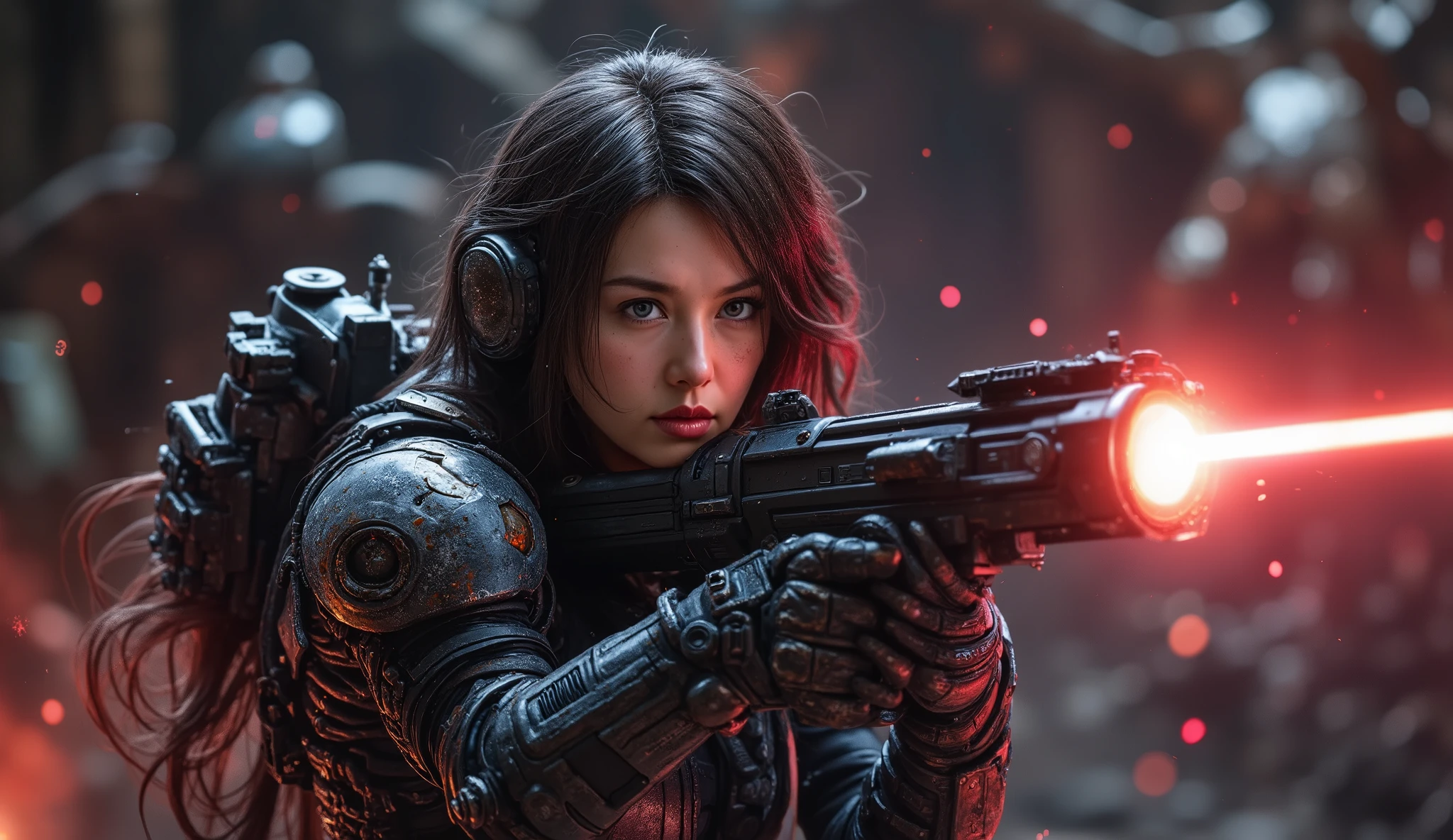 8k, UHD, Realistic, full body, Beautiful, captivating, female space marine from 20 and Back project, facial mixed of Kim Ji-won, highly detailed face, fiery and weary looked yet captivating, deep cleavage, depending the Kuiper Belt from Draconian, heavily armed, wearing heavily armored suit, displaying her advanced laser weapons, based on Planet X, fighting reptilian armies, shooting form, battle form, show face, inside a ruined battle spaceship, firing her weapon