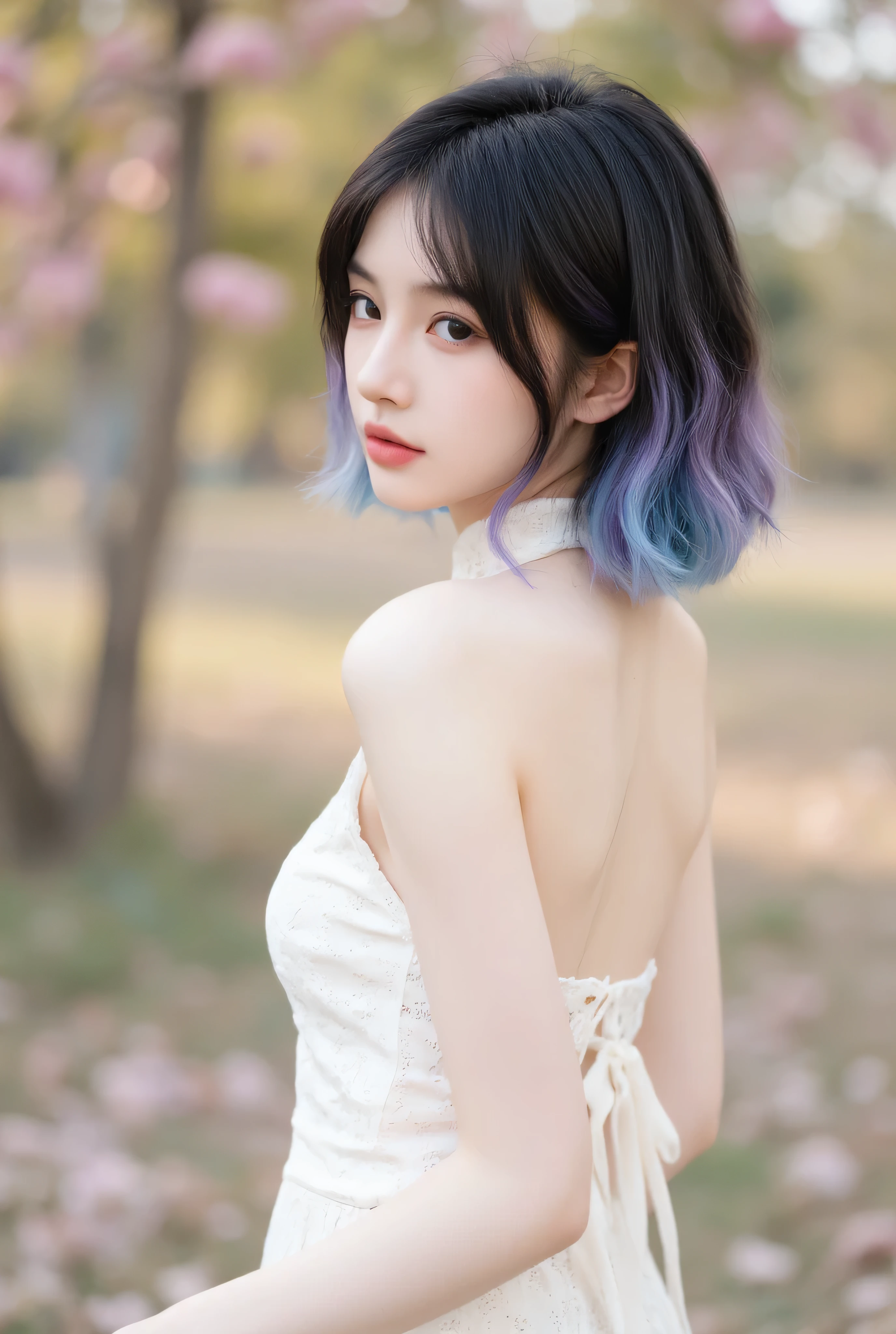 Prompt:
"Portrait of a young girl, around , standing with her body turned slightly away from the camera, showcasing the upper part of her back. Her posture is elegant yet natural, with her head turned over her shoulder to look directly into the camera. She has a neutral, calm expression that highlights her smooth, fair complexion and delicate facial features. Her hair is styled in a short, stylish bob with soft curls at the ends and two-tone bangs, blending black at the roots with pastel shades of blue and purple, giving a trendy and youthful appearance. Her outfit features a chic, sleeveless high-neck top in soft white with subtle lace details and a delicate ribbon tied at the back of the neck, adding elegance and charm. The background is a softly blurred bokeh effect in warm pastel tones, keeping the focus on her lifelike features, stylish hairstyle, and refined outfit, all illuminated by gentle, natural light for a serene yet captivating atmosphere."