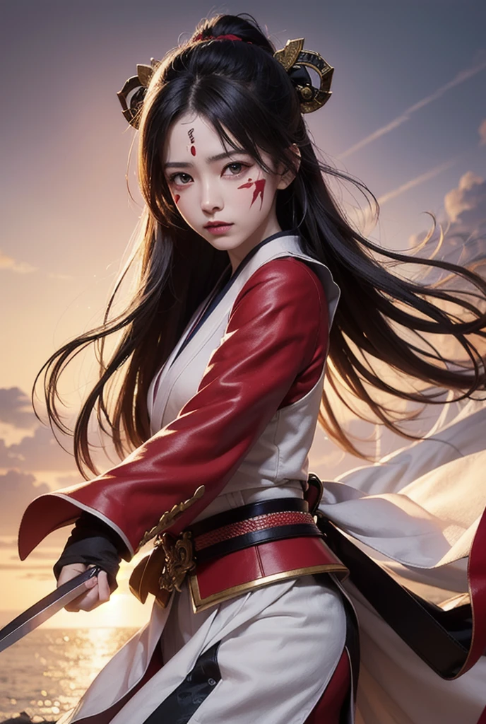 masterpiece, Best quality,1girl, red bow, bow, long hair, hair bow, Ainu clothing, solo, hair band, bird, black hair, fingerless gloves, short sleeves, gloves, sash, pants, bangs, red hair band, weapon, chest, brown eyes, white pants, kimono, nakoruru, light smile, official art, good composition, official pose, detailed portrait, portrait, bokeh, clouds and mountain background, samurai, onmyoji style, high resolution, Dramatic lighting and shadows, sun flares, blurred foreground