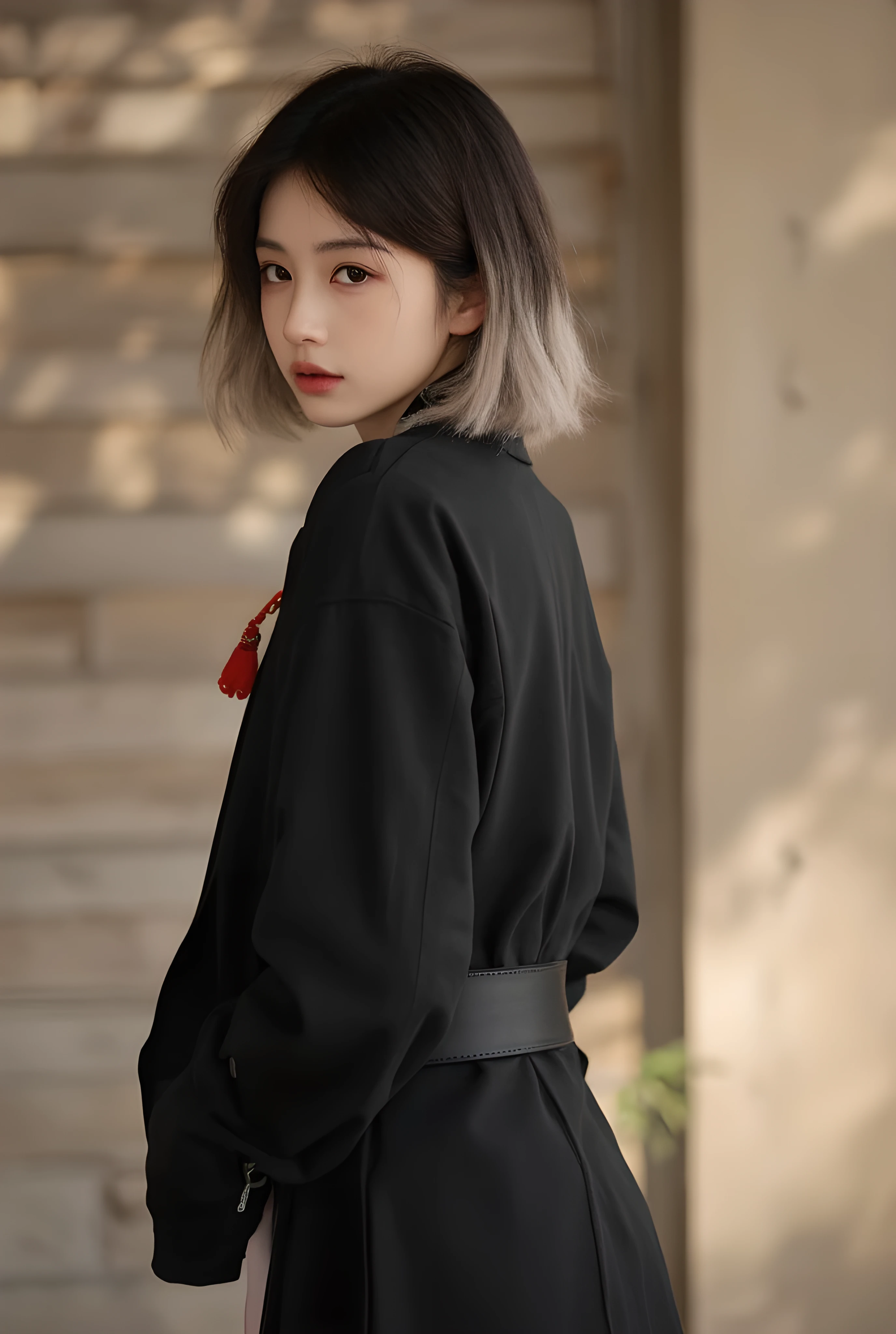 Prompt:
"Portrait of a young Chinese high school girl, around , standing with her body slightly turned away from the camera, showcasing the upper part of her back. Her head is turned over her shoulder to look directly into the camera, with a neutral and calm expression that emphasizes her fair complexion and delicate, youthful facial features. Her hair is styled in a short, stylish bob with soft curls at the ends, featuring sleek two-tone bangs with black roots transitioning to subtle pastel shades of blue and purple, giving her a trendy and charming look. She wears a traditional Chinese-style high school uniform: a crisp white blouse with a navy blue tie and a neatly pleated skirt that peeks just slightly into view, adding a touch of youthful elegance. The background is a softly blurred bokeh effect in warm tones, ensuring all attention is on her lifelike features, stylish hairstyle, and iconic school outfit, illuminated by natural light that enhances the scene’s serene and nostalgic charm."