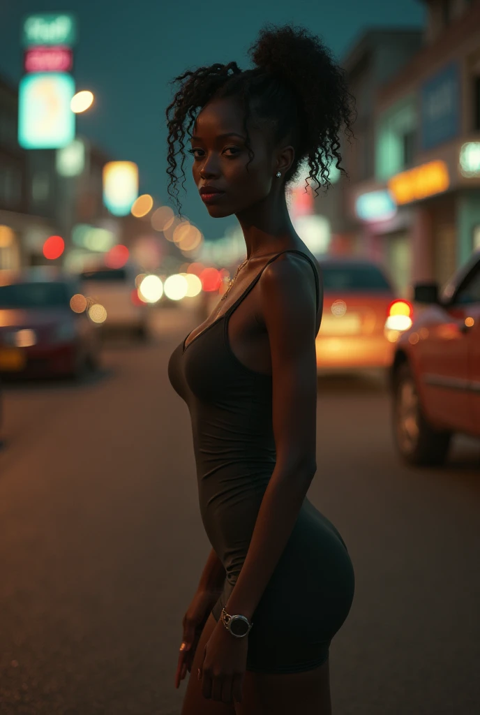 (((best quality))),(((ultra detailed))),(((masterpiece))),illustration,1girl,slim,vibrant rose-pink cotton dress,short ponytail,pantyhose,standing, bustling city streets, honking cars,surrounded by crowded crowds, colorful advertisements,enjoying sights and sounds,(dark black skin:1.5),day scene,upper body,from front,bare back,towering hips,butt crack