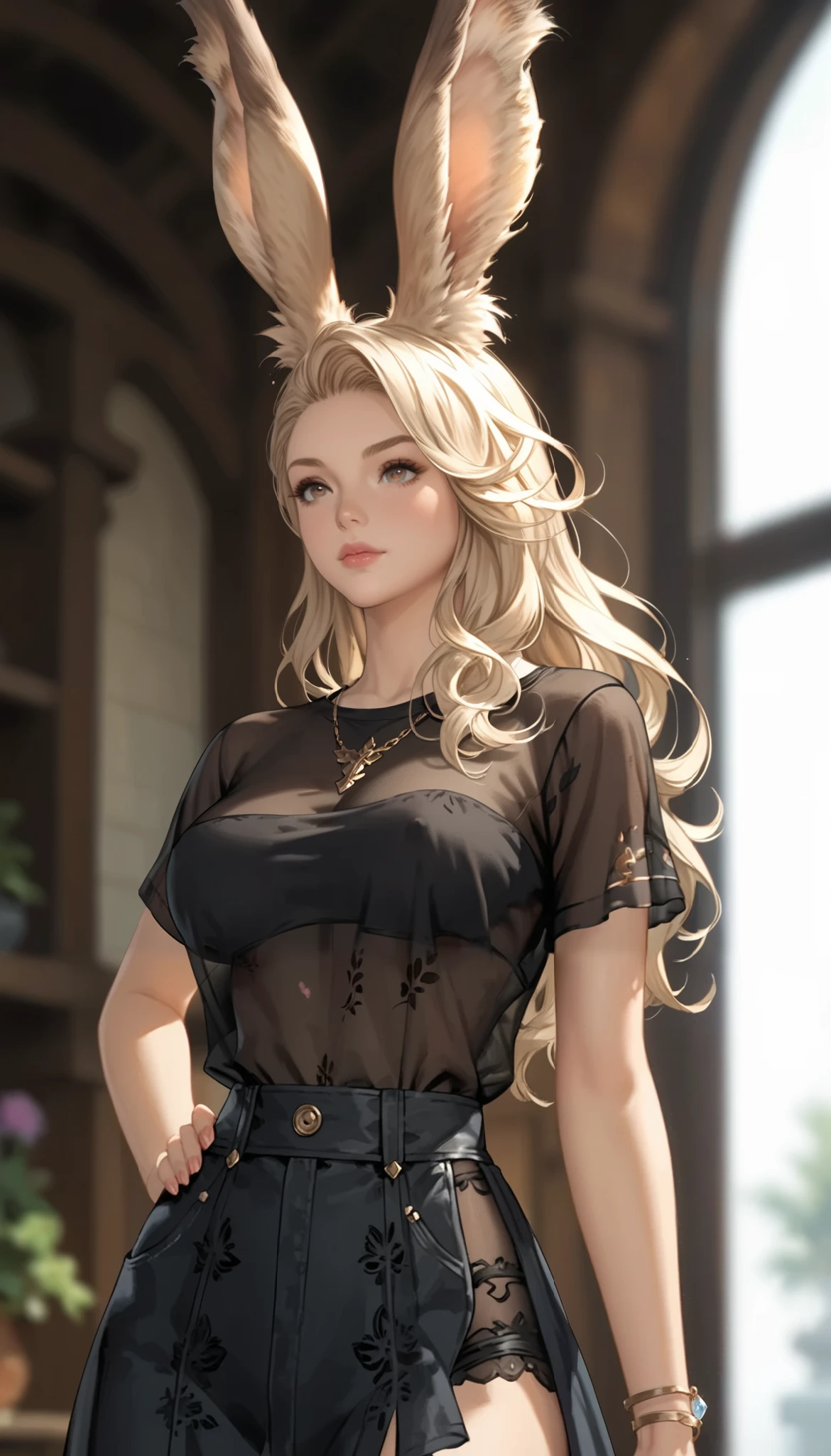 masterpiece, graceful mature woman facing me, viera, ( Granblue Fantasy), slim, upper body, standing on a long-sleeved shirt , see-through black shirt , Transparent shirt, Transparent skirt, transparent breasts, transparent underware, take off the blouse , areola slip , More details, high resolution, is ridiculous , Home, semi-realistic , full body shot