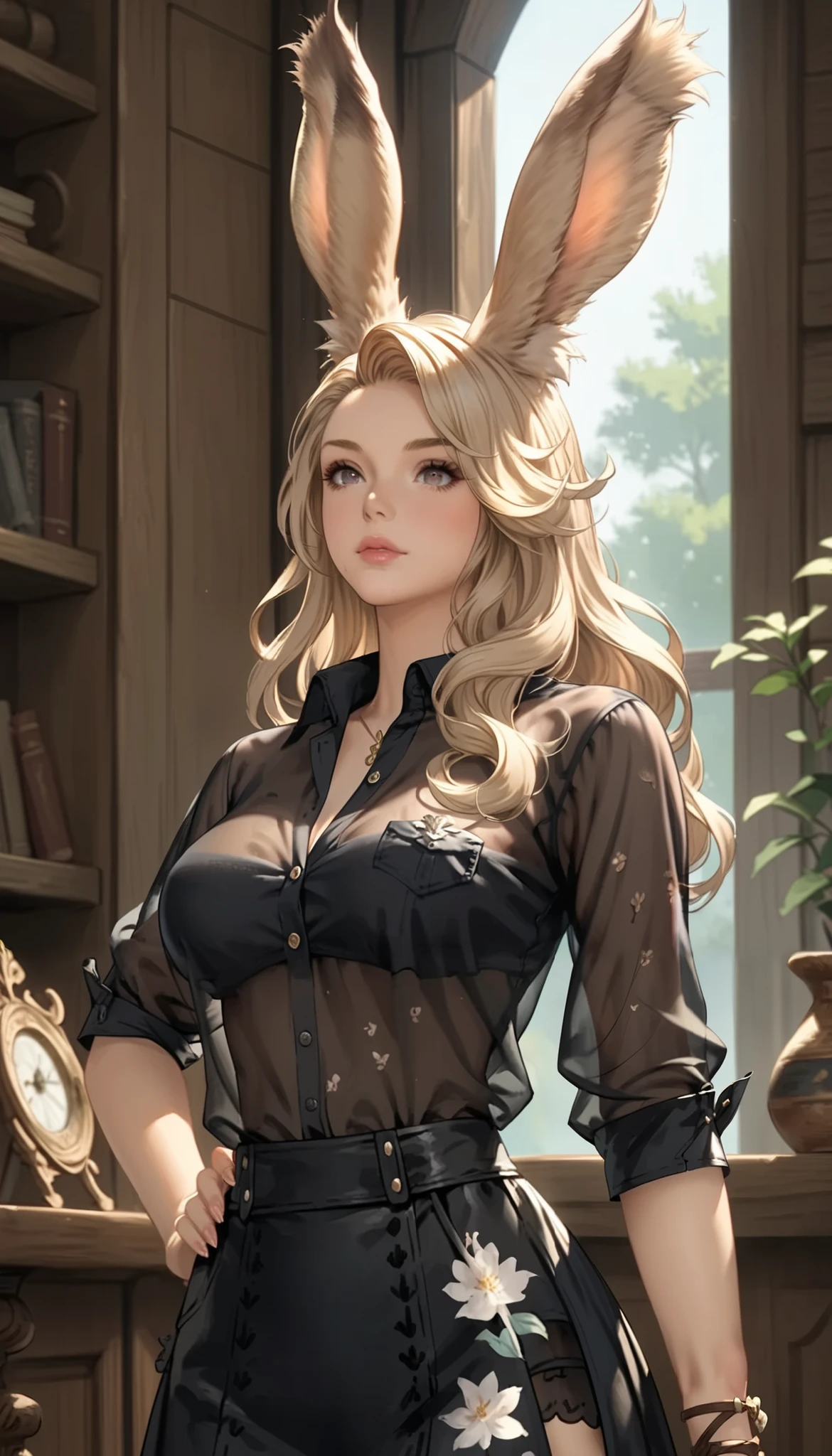 masterpiece, graceful mature woman facing me, viera, ( Granblue Fantasy), slim, upper body, standing on a long-sleeved shirt , see-through black shirt , Transparent shirt, Transparent skirt, transparent breasts, transparent underware, take off the blouse , areola slip , More details, high resolution, is ridiculous , Home, semi-realistic , full body shot