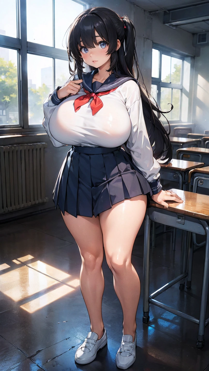 (top-quality、in 8K、32K、​masterpiece、nffsw、超A high resolution、Impresionismo、huge breasts, Photorealsitic:1.2)、Angle from above、High angle、Colossal tits、cowboy  shot, detailed faces and eyes、 Inside the classroom、Schools、Evening glow、beauitful face、blurry backround、16-year-old beautiful girl、shinny skin、long、Beautiful black hair、Blunt bangs、Invincible smile、Gray eyes、a sailor suit、Pleated miniskirt、Curve、Stand on one knee、Opening legs、(seduction)、((scornful look))、chubbily、((plump body))、((plump face))、((plump body))、((plump face))、((plump body))、((plump face))、((plump body))、((plump face))、((growing thighs))、((growing boobs))、((growing thighs))、((growing boobs))、((growing thighs))、((growing boobs))、((growing thighs))、((growing boobs))、((growing thighs))、((growing boobs))、((growing thighs))、((growing ))、((growing thighs))、((growing ))、((growing thighs))、((growing ))、((showing panties))