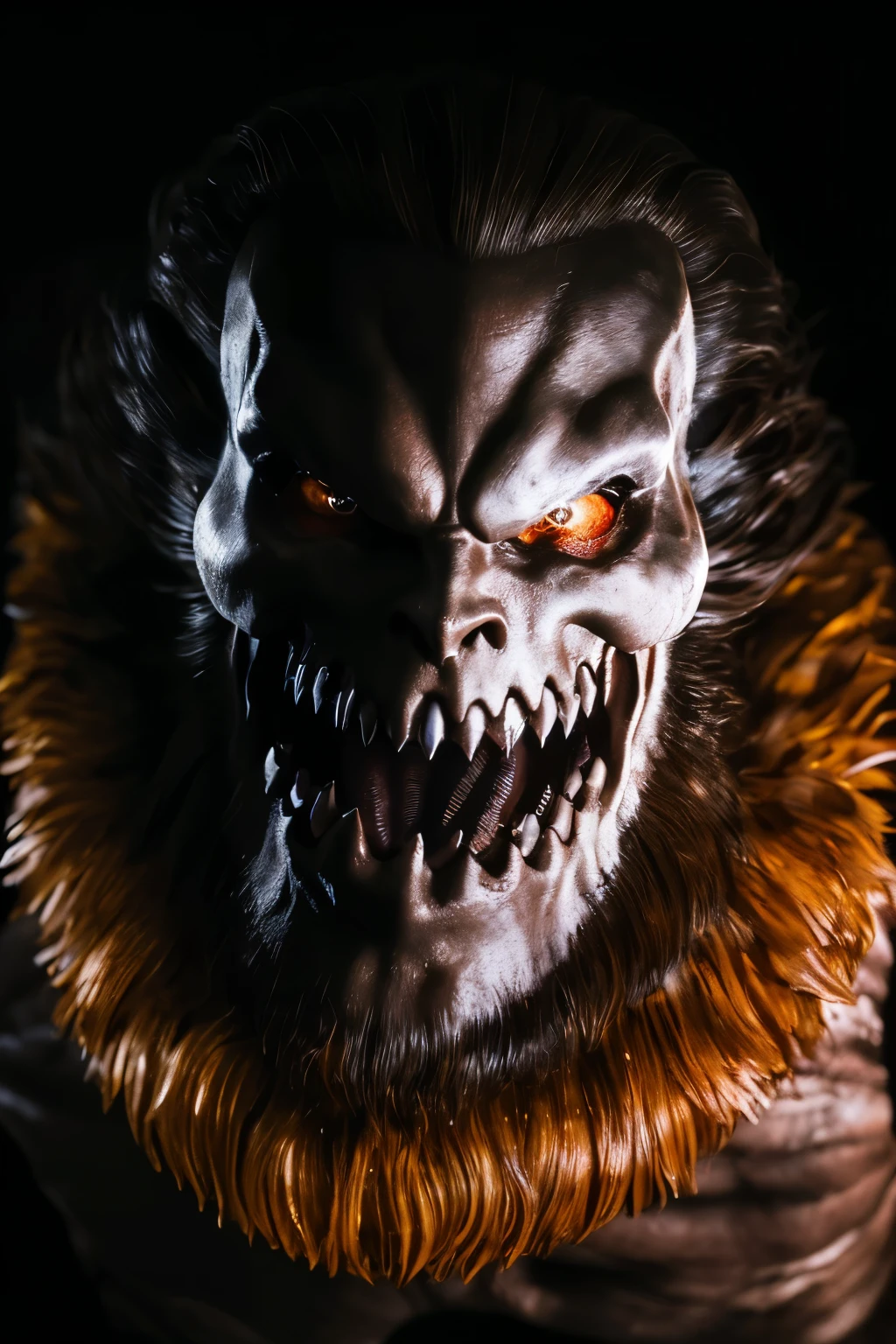 a massive yomama jaw titan with an open mouth revealing sharp teeth, highly detailed portrait of the creature's head, black hair, night scene, yellow glowing eyes, (best quality,4k,8k,highres,masterpiece:1.2),ultra-detailed,(realistic,photorealistic,photo-realistic:1.37),cinematic lighting,dark fantasy,dramatic scene