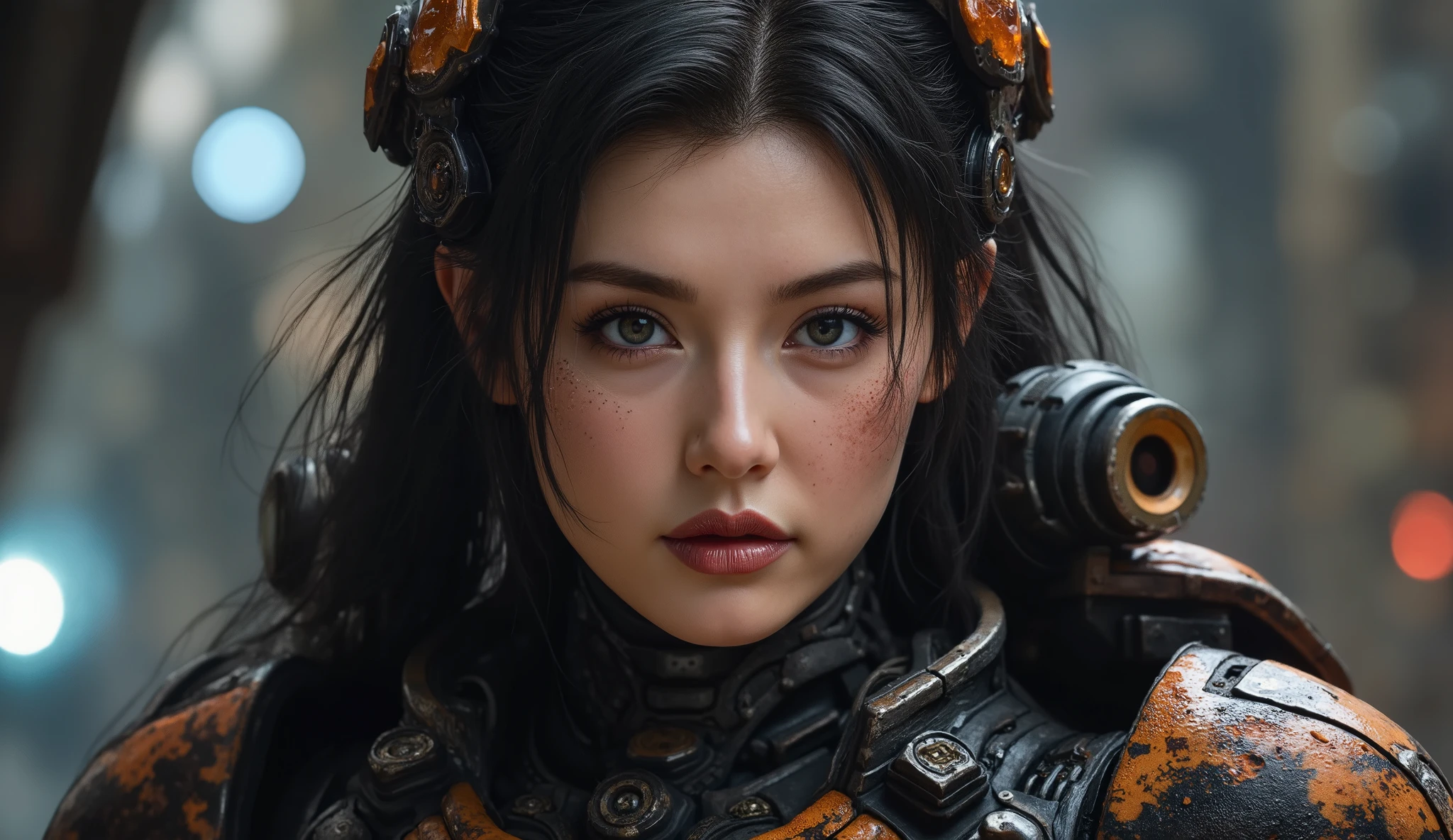 8k, UHD, Realistic, full body, Beautiful, captivating, female space marine from 20 and Back project, facial mixed of Kim Ji-won, highly detailed face, fiery and weary looked yet captivating, deep cleavage, depending the Kuiper Belt from Draconian, heavily armed, wearing heavily armored suit, displaying her advanced laser weapons, based on Planet X, fighting reptilian armies, shooting form, battle form, show face, inside a ruined battle spaceship, firing her weapon
