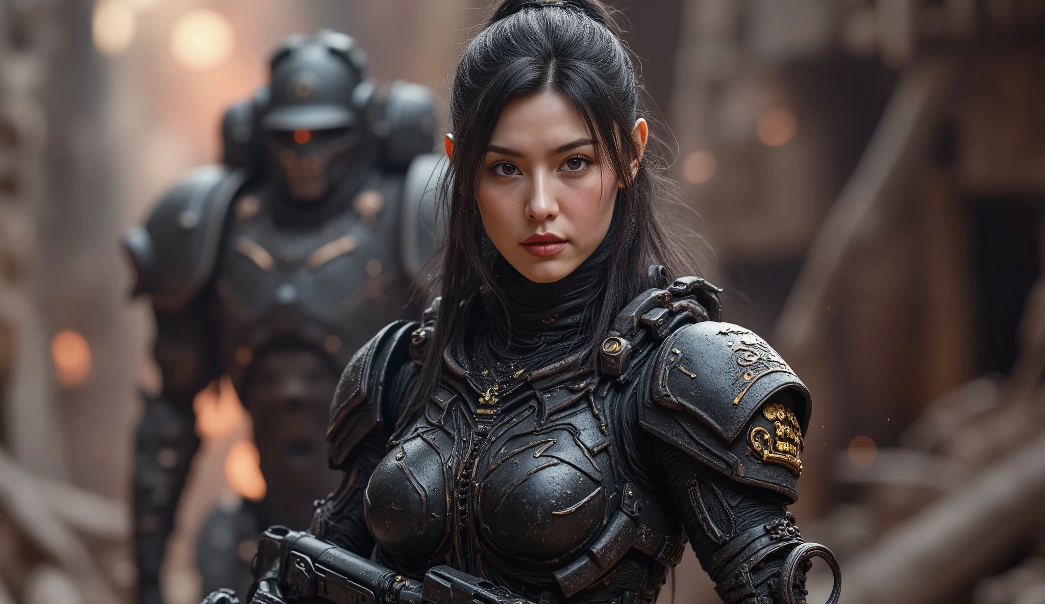 8k, UHD, Realistic, full body, Beautiful, captivating, female space marine from 20 and Back project, facial mixed of Kim Ji-won, highly detailed face, fiery and weary looked yet captivating, deep cleavage, depending the Kuiper Belt from Draconian, heavily armed, wearing heavily armored suit, displaying her advanced laser weapons, based on Planet X, fighting reptilian armies, shooting form, battle form, show face, inside a ruined battle spaceship, firing her weapon