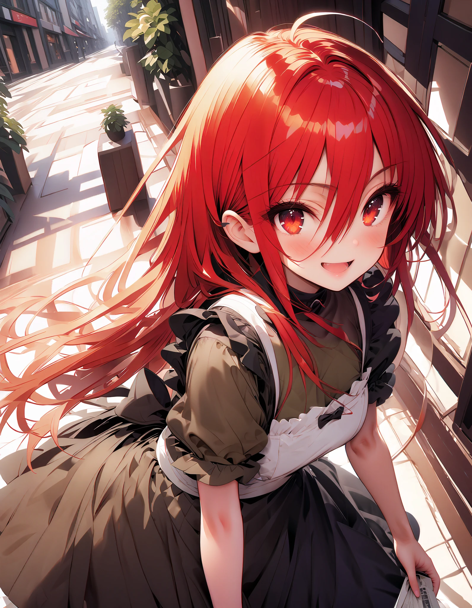 shana ,Alone, long hair, Red Hair, red eyes, stupid hair,smile,blush, open their mouths,Maid服,rib tights , black pantyhose , pin heels,black色ロングスカート,Maid head dress , Maid apron, Maid Dress,Maid, Maid outfit,black_ dress ,Holding a stack of papers in both arms,Handing out flyers, is standing,Paper is being blown away by the wind , sign,whole bodyがイラストに入るように,break looking at viewer,whole body,
break outdoors,Coffee shop entrance , building,
break (masterpiece:1.2), best quality, high resolution, Unity 8K Wallpaper, (figure:0.8), ( precise and beautiful eyes:1.6), Highly Detailed Face , perfect lighting, very precise CG, ( perfect hand, perfect anatomy),