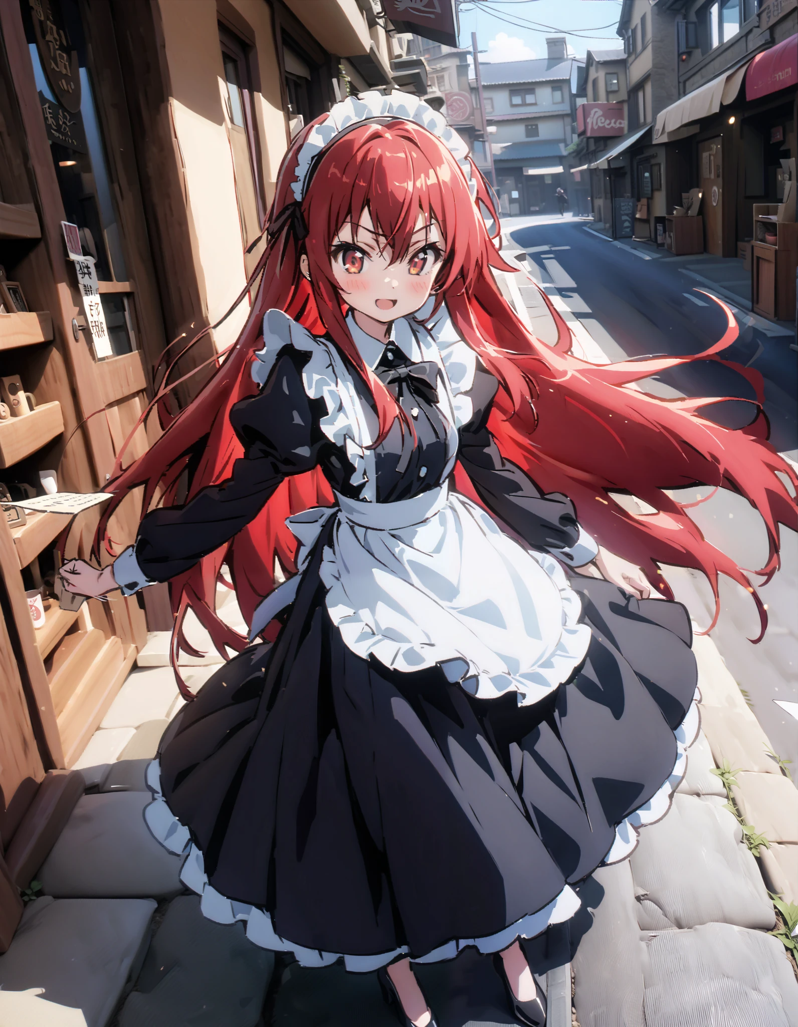 shana , long hair, Red Hair, red eyes, stupid hair,smile,blush, open their mouths,Maid服,rib tights , black pantyhose , pin heels,black色ロングスカート,Maid head dress , Maid apron, Maid Dress,Maid, Maid outfit,black_ dress , hair shaking in the wind , long skirt is moving in the wind,Holding a stack of papers in both arms,Handing out flyers, is standing,Paper is being blown away by the wind , sign,noon,whole bodyがイラストに入るように,break looking at viewer,whole body,
break outdoors,Coffee shop entrance ,
break (masterpiece:1.2), best quality, high resolution, Unity 8K Wallpaper, (figure:0.8), ( precise and beautiful eyes:1.6), Highly Detailed Face , perfect lighting, very precise CG, ( perfect hand, perfect anatomy),