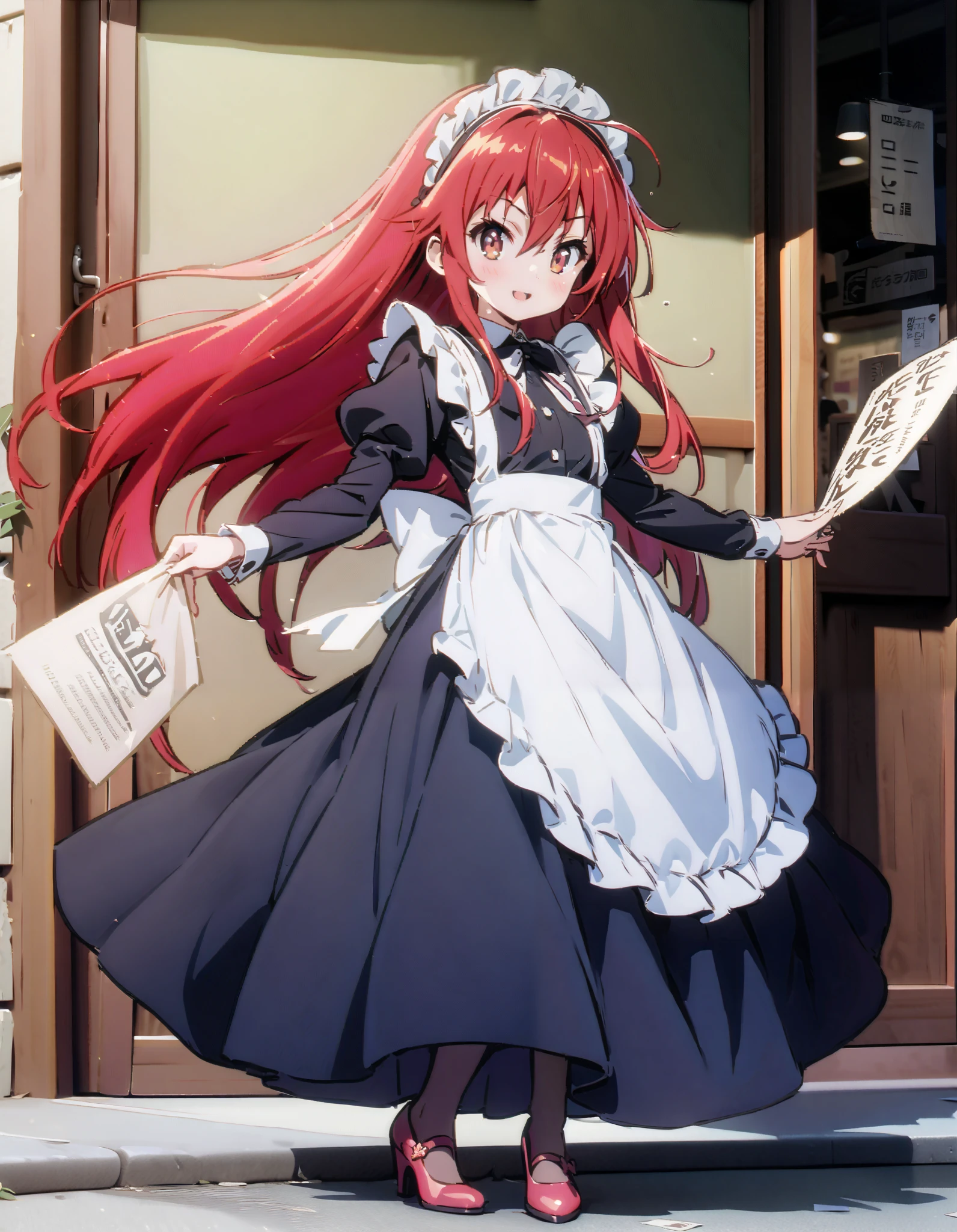 shana , long hair, Red Hair, red eyes, stupid hair,smile,blush, open their mouths,Maid服,rib tights , black pantyhose , pin heels,black色ロングスカート,Maid head dress , Maid apron, Maid Dress,Maid, Maid outfit,black_ dress , hair shaking in the wind , long skirt is moving in the wind,Holding a stack of papers in both arms,Handing out flyers, is standing,Paper is being blown away by the wind , sign,noon,whole bodyがイラストに入るように,break looking at viewer,whole body,
break outdoors,Coffee shop entrance ,
break (masterpiece:1.2), best quality, high resolution, Unity 8K Wallpaper, (figure:0.8), ( precise and beautiful eyes:1.6), Highly Detailed Face , perfect lighting, very precise CG, ( perfect hand, perfect anatomy),