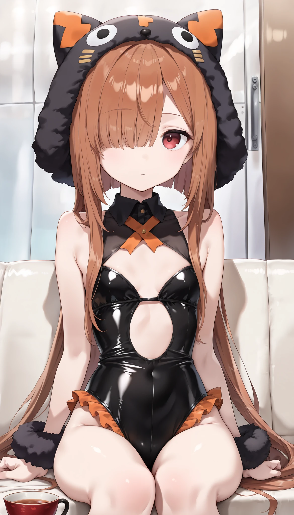 score_9, score_8_ up, score_7_ up, one girl , alone, young girl, Emotionless, Viewers' viewing , upper body, ( long hair, tea hair , short bob , hair covering one eye, bangs:1.3), thin body, small breasts, thin waist, They're staring at me in a cute way, ( Cute Costumes:1.3), is sitting,