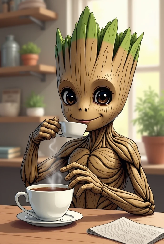 Groot rederizado (SEM FUNDO) sipping a cup of coffee