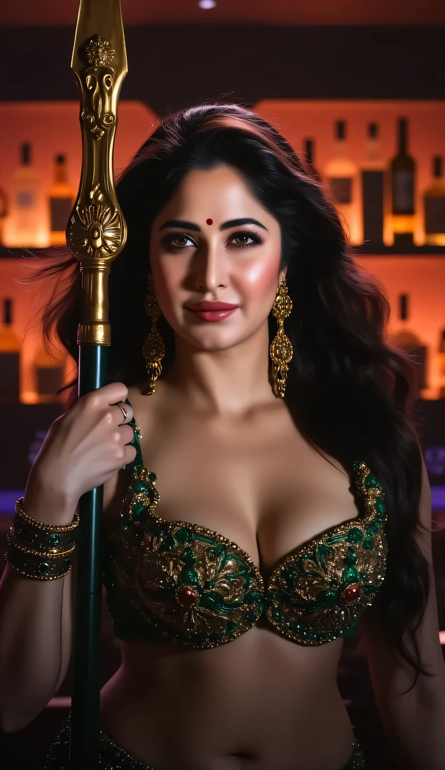 a powerful goddess durga, holding a trishul, in a bar setting with wine bottles in the background, beautiful detailed eyes, beautiful detailed lips, extremely detailed face and portrait, long eyelashes, cinematic lighting, intricate details, hyper-detailed, photorealistic, 8k, masterpiece, stunning colors, dramatic lighting, chiaroscuro, oil painting,
