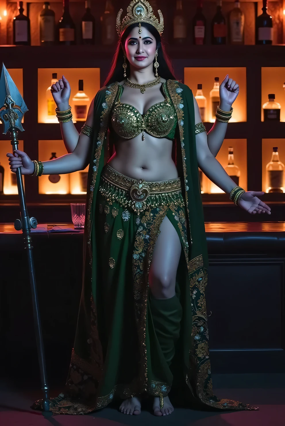 a beautiful, powerful goddess durga, holding a trishul, in a bar setting with wine bottles in the background, hyper detailed, cinematic lighting, intricate details, photorealistic, 8k, masterpiece