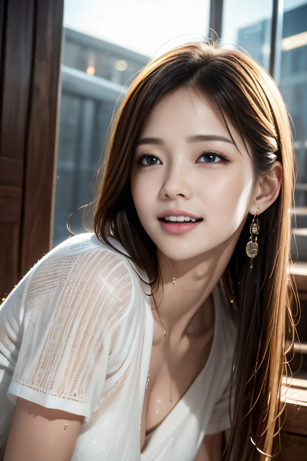 photorealistic, surreal, Cinema Lighting, 32K, 1 girl, looks up, backlight, ( bright light:1.2), (Improved quality:1.4), ( Top Quality Realistic Texture:1.4), fine grain, detailed face, , , cowgirl , from below,sweat, wet, ( enhances the beauty of skin texture:1.1), matte texture on wet cobblestones, , sweat, open mouth , Express 。 rolls her eyes and , tears, sticking out outside, saliva, saliva trail, let go of her lips, charming smile