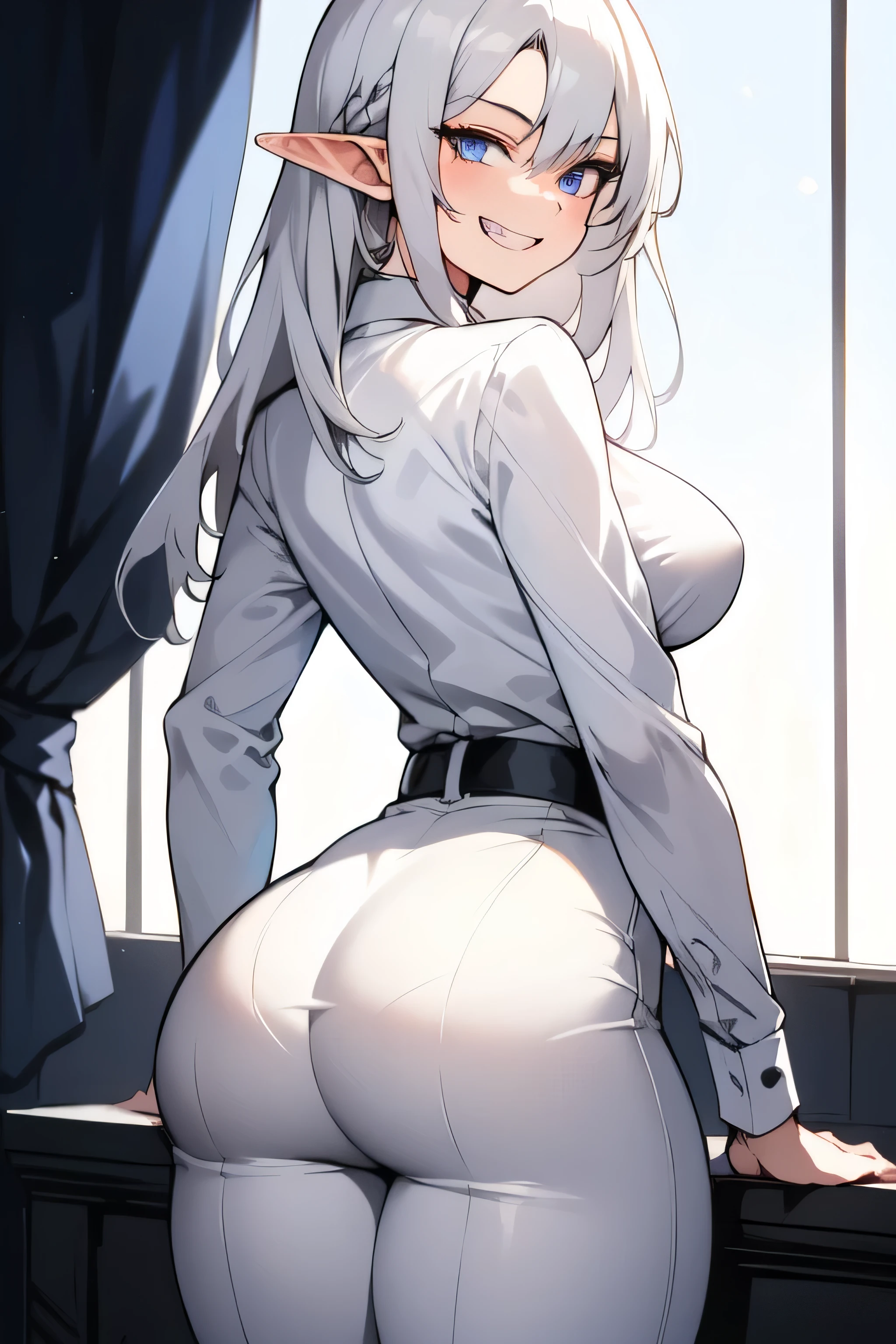 Tall, slim, She has long grey hair tied back in an enormous, messy ponytail that reaches down to her thighs, hair covering one eye, she wears a red jacket, wearing a black full-body suit, golden eyes, laboratory background, wide hips, fit, sitting, from behind, desk, cowboy shot, huge ass