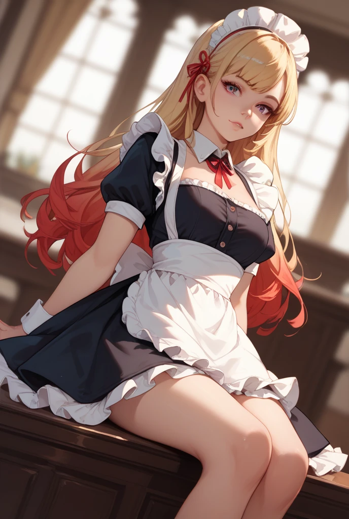masterpiece, best quality, highres, 1girl red eyeshadow blue eyes makeup, hair ribbon maid headdress white apron detached collar bow frills detached sleeves black gloves black thighhighs lace-trimmed legwear garter straps red dress <lora:howe_pastry_princess:1> sitting, wariza